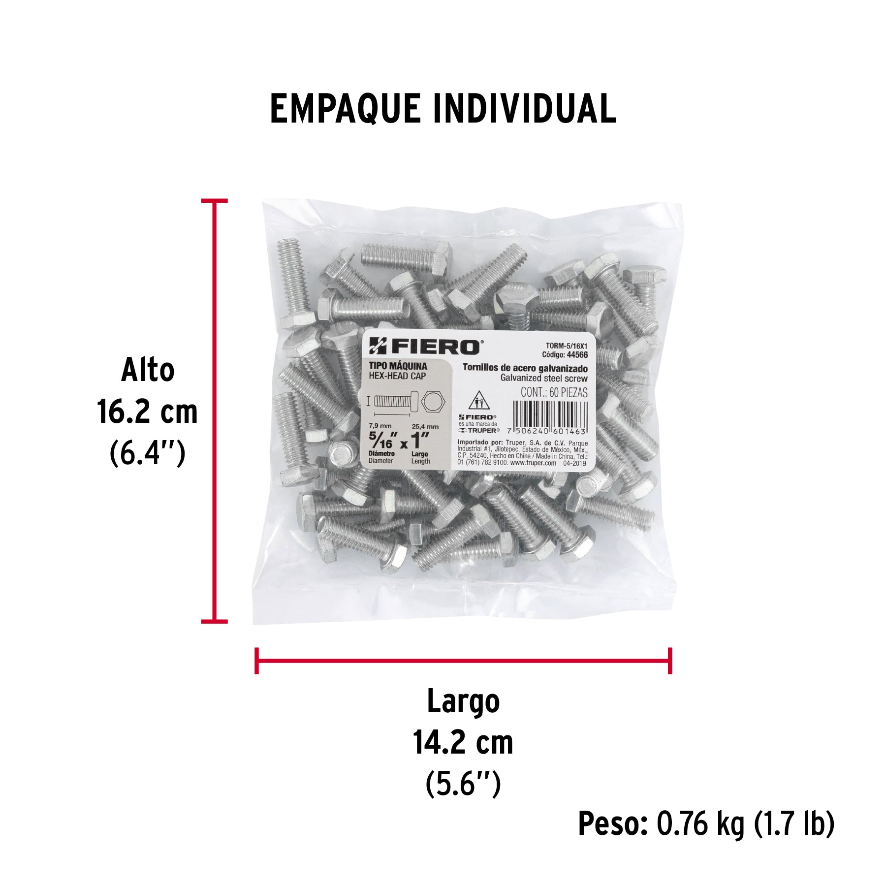 Tornillo acero galvanizado tipo máquina 5/16x1", 60 pzas