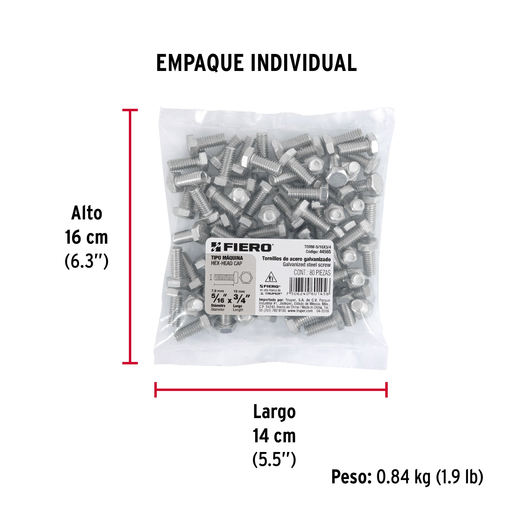 Tornillo acero galvanizado tipo máquina 5/16x3/4", 80 pzas