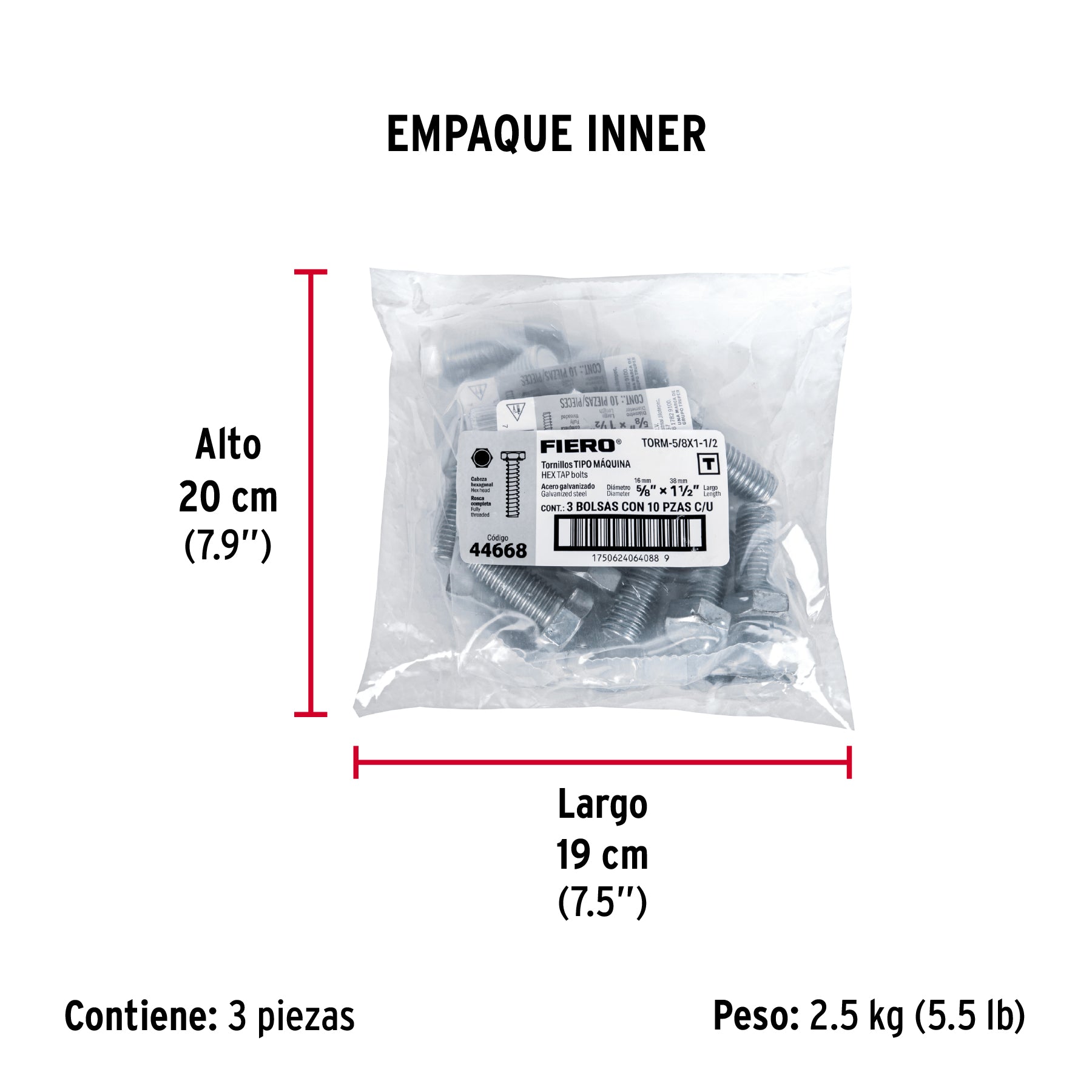 Tornillo acero galvanizado tipo máquina, 5/8X1-1/2", 10 pzas