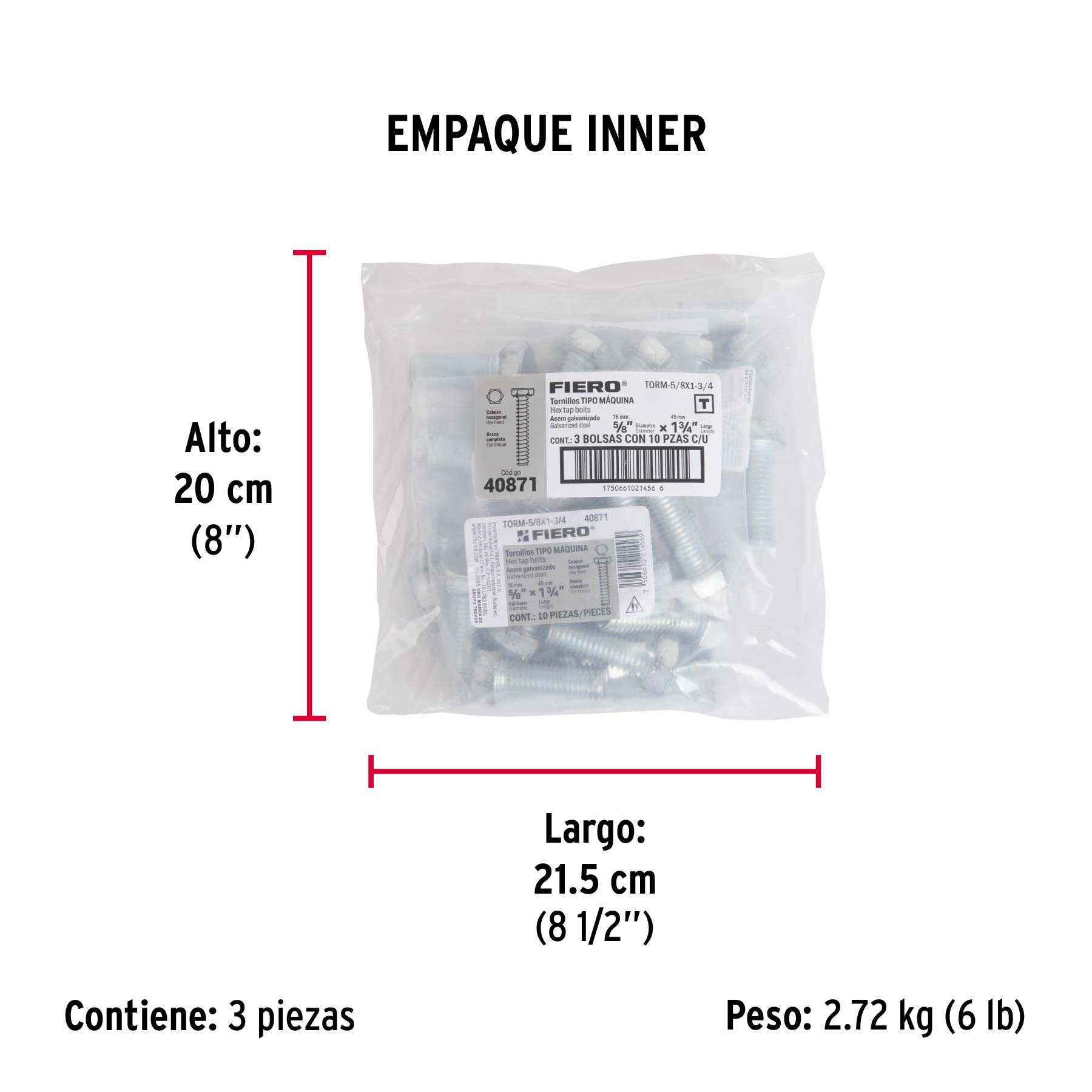 Bolsa con 10 tornillos 5/8' x 1-3/4' tipo máquina, FIERO
