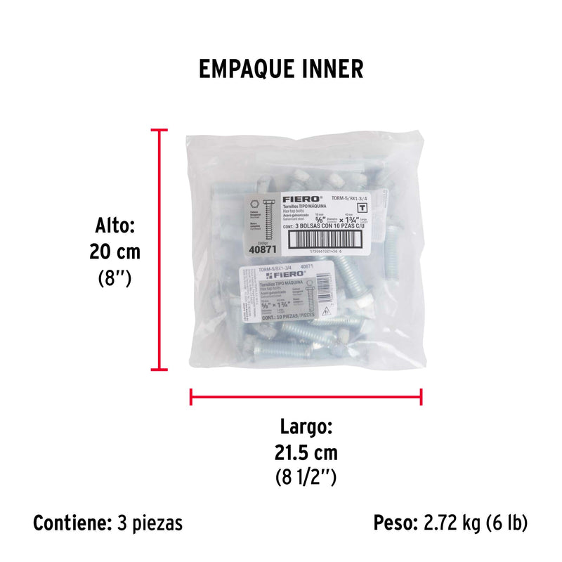 Bolsa con 10 tornillos 5/8' x 1-3/4' tipo máquina, FIERO