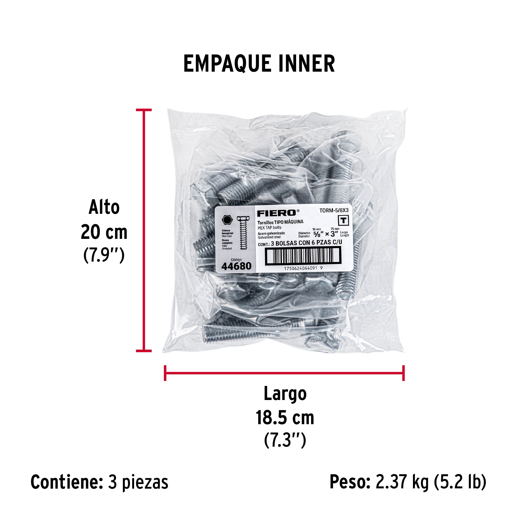 Tornillo acero galvanizado tipo máquina, 5/8X3", 6 pzas