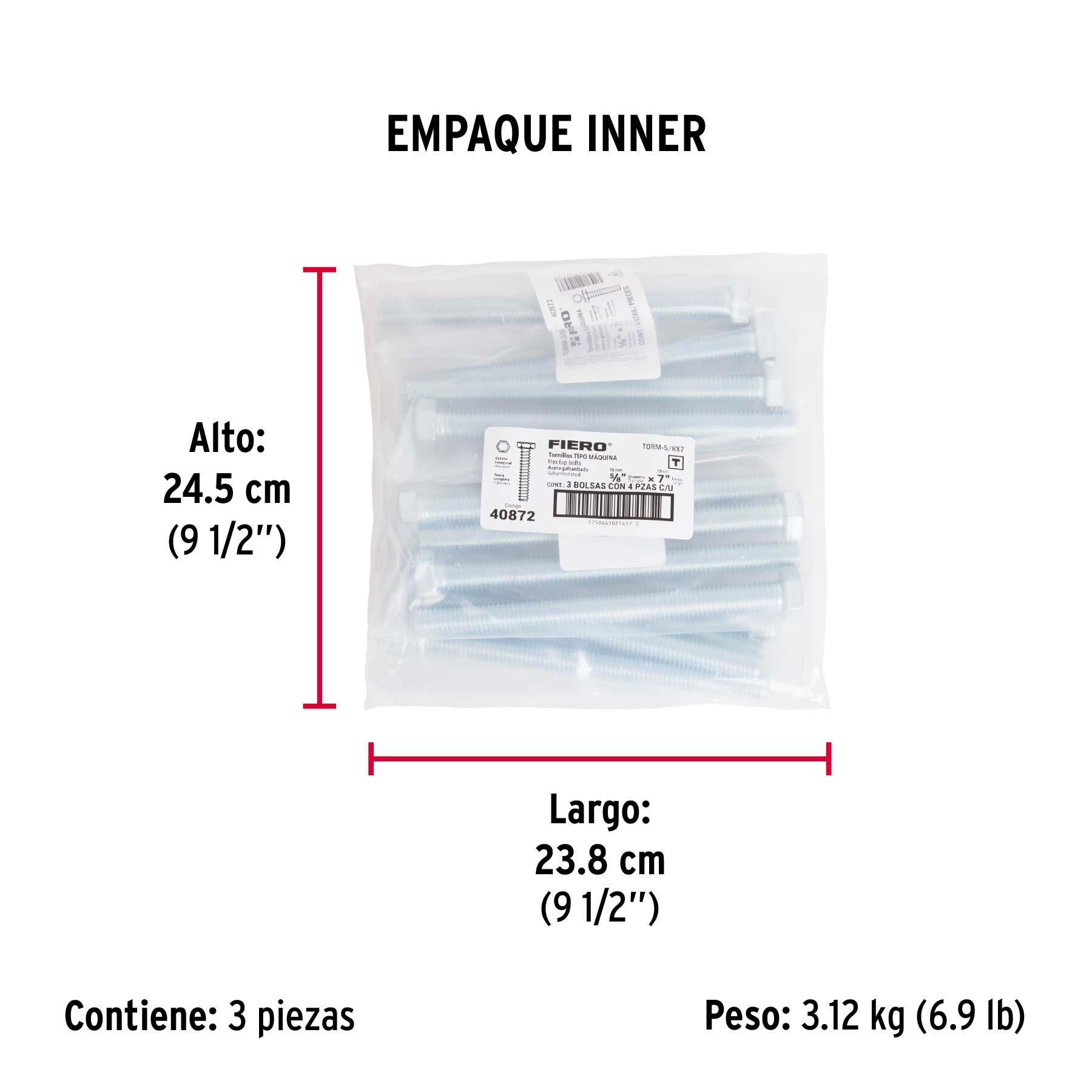 Bolsa con 4 tornillos 5/8' x 7' tipo máquina, FIERO