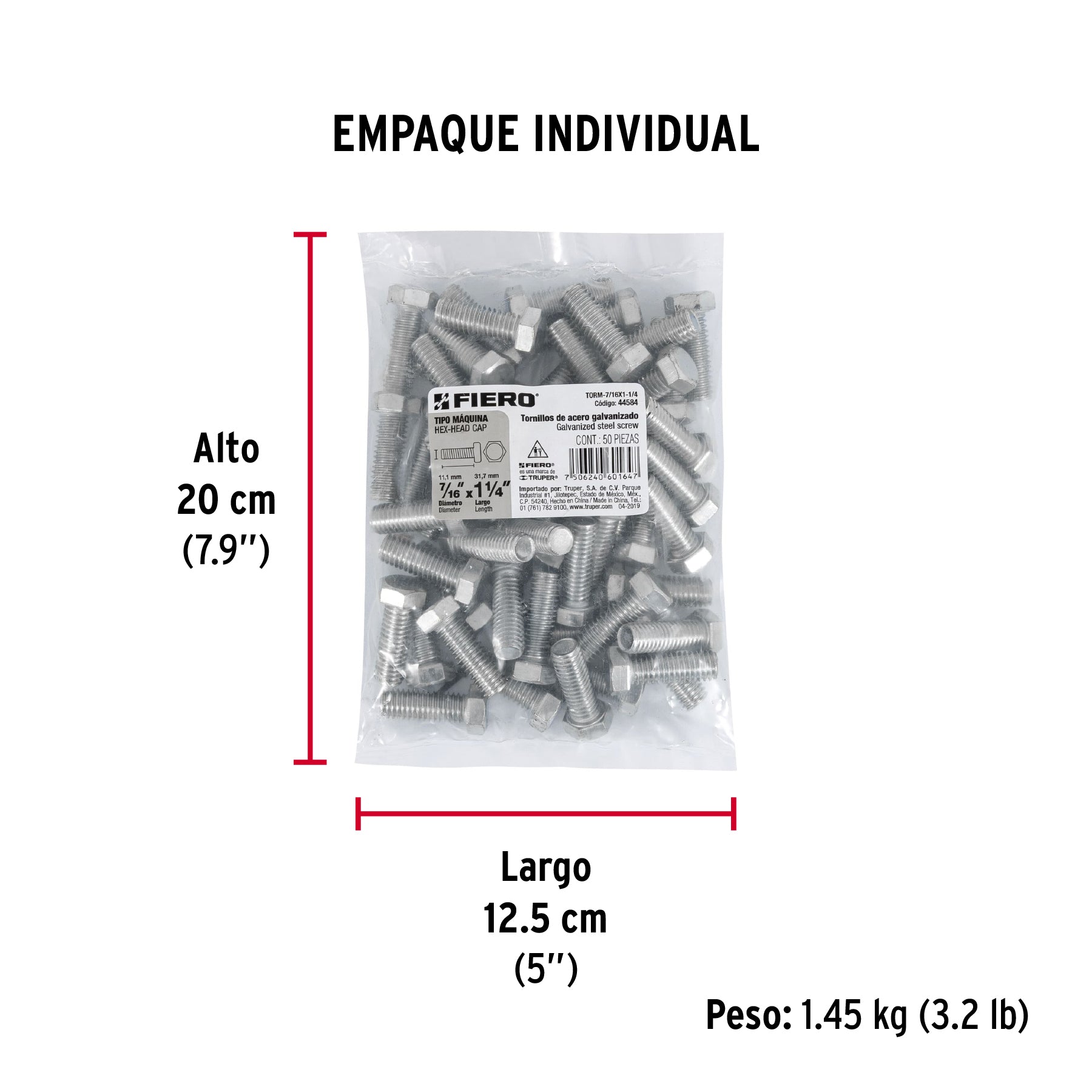 Tornillo acero galvanizado tipo máquina 7/16x1 1/4",50 pzas