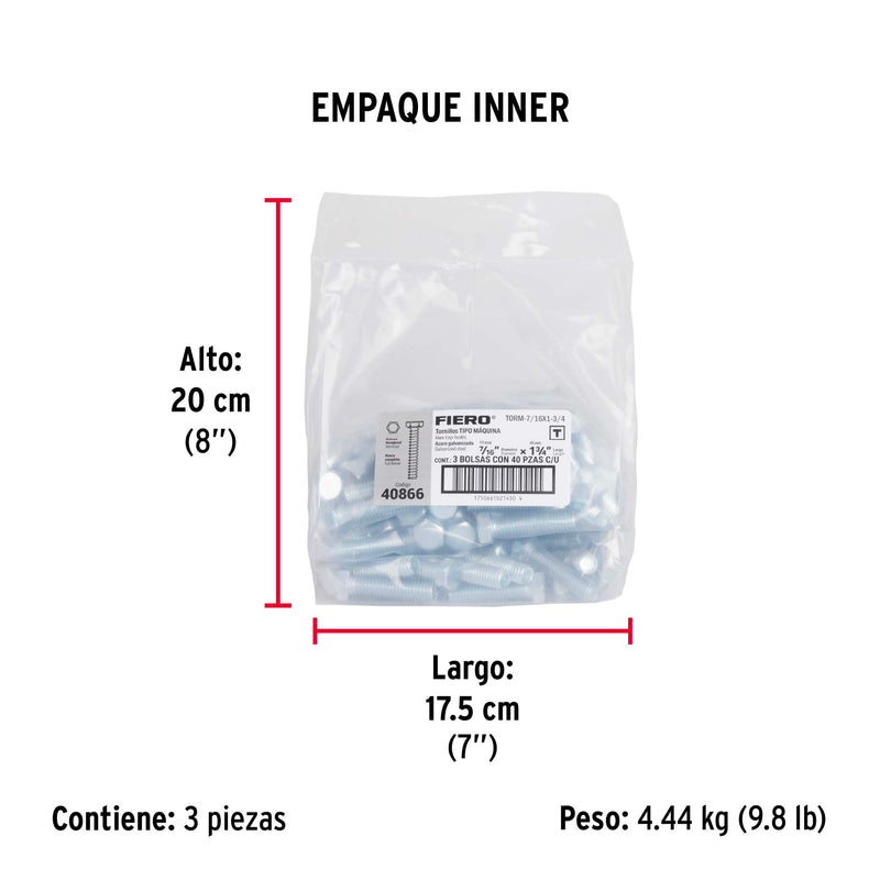 Bolsa con 40 tornillos 7/16' x 1-3/4' tipo máquina, FIERO