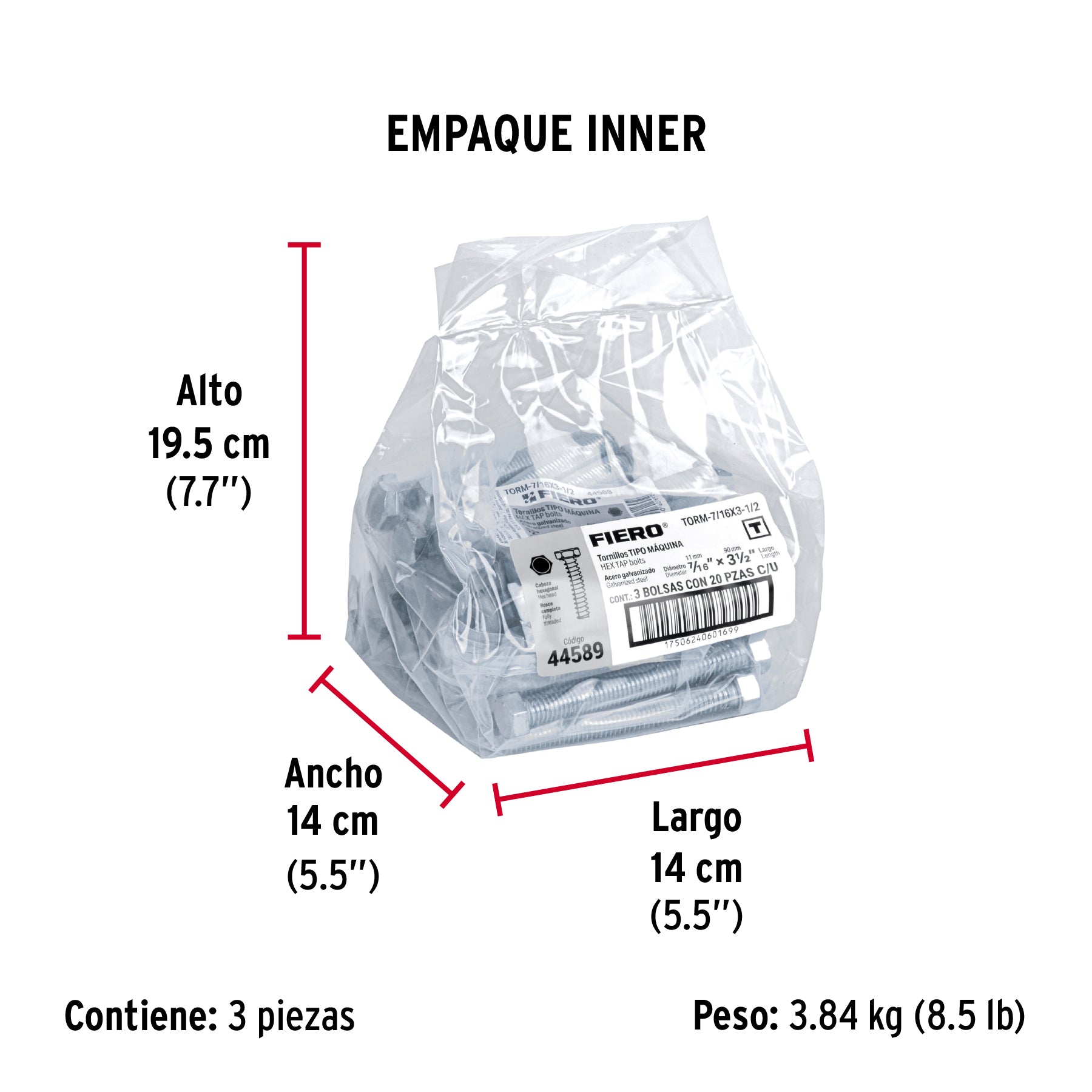 Tornillo acero galvanizado tipo máquina 7/16x3 1/2",20 pzas