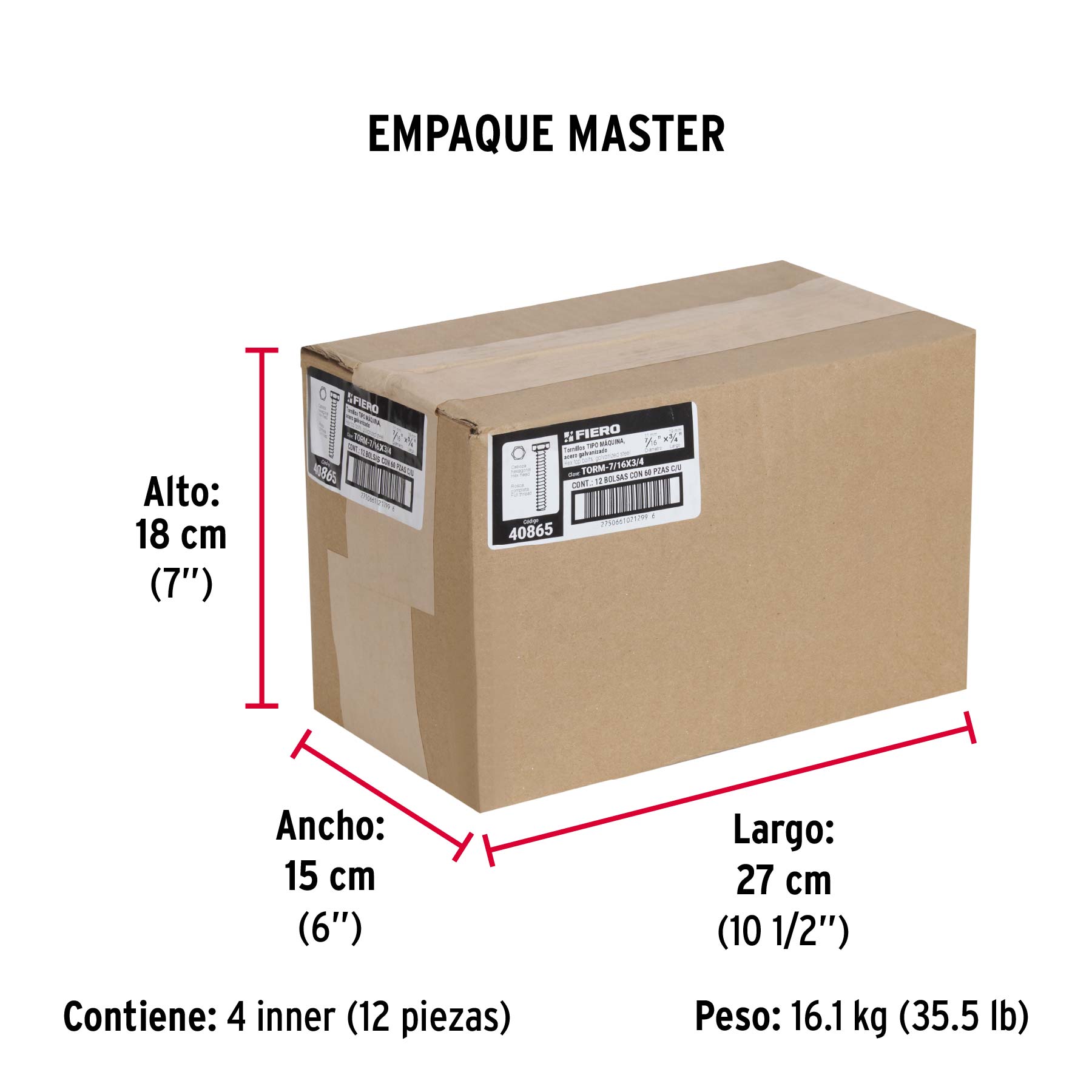 Bolsa con 60 tornillos 7/16' x 3/4' tipo máquina, FIERO