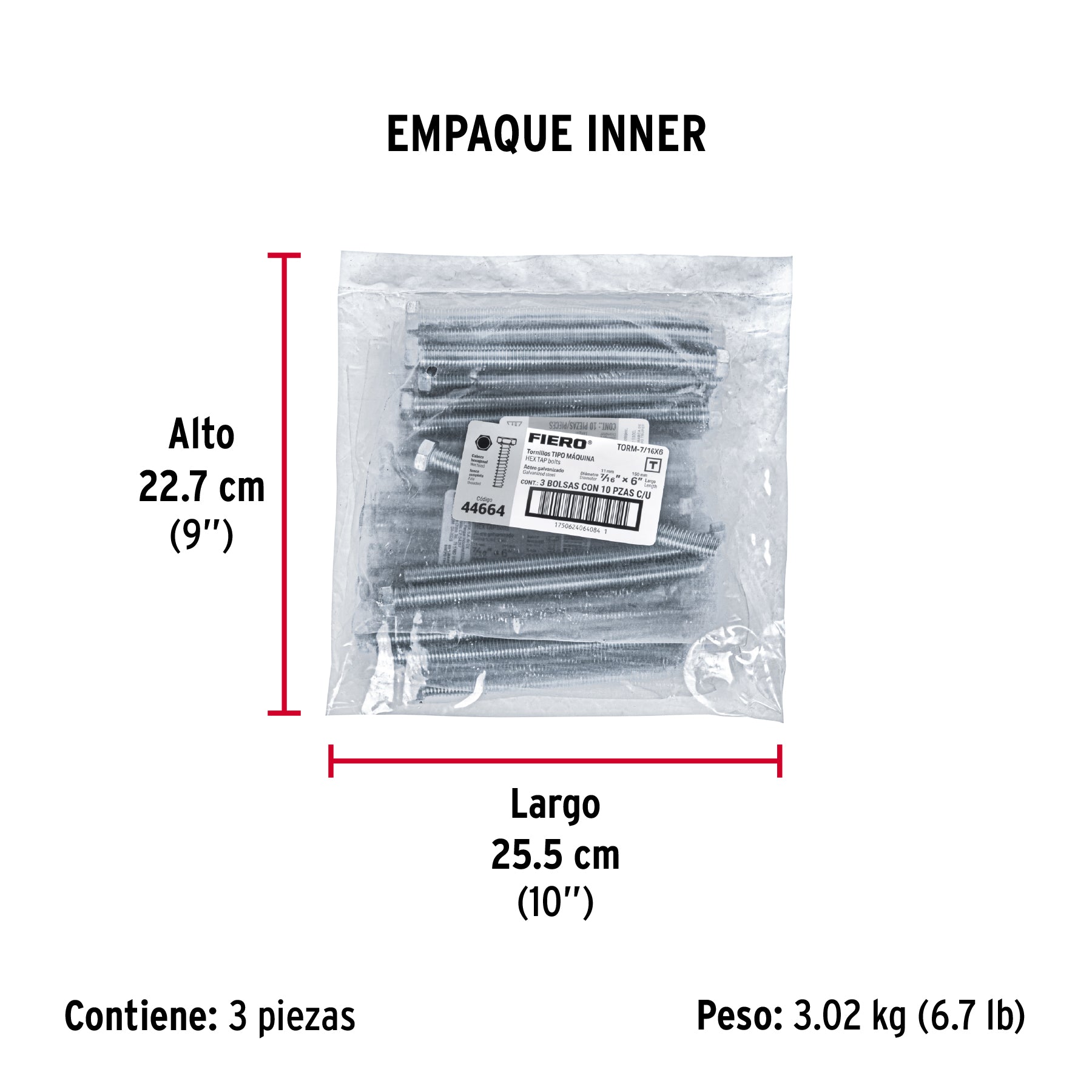 Tornillo acero galvanizado tipo máquina, 7/16X6", 10 pzas