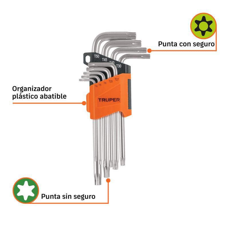Juego de 9 llaves allen tipo torx, largas