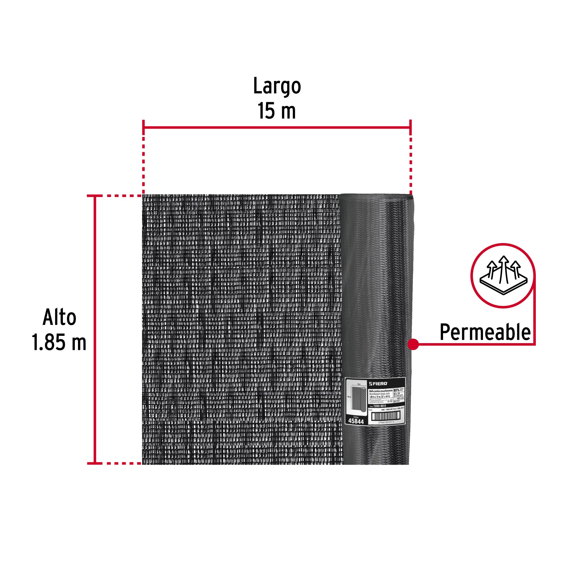 Rollo de malla sombra monofilamento 80%, 15m x 1.85m, negro