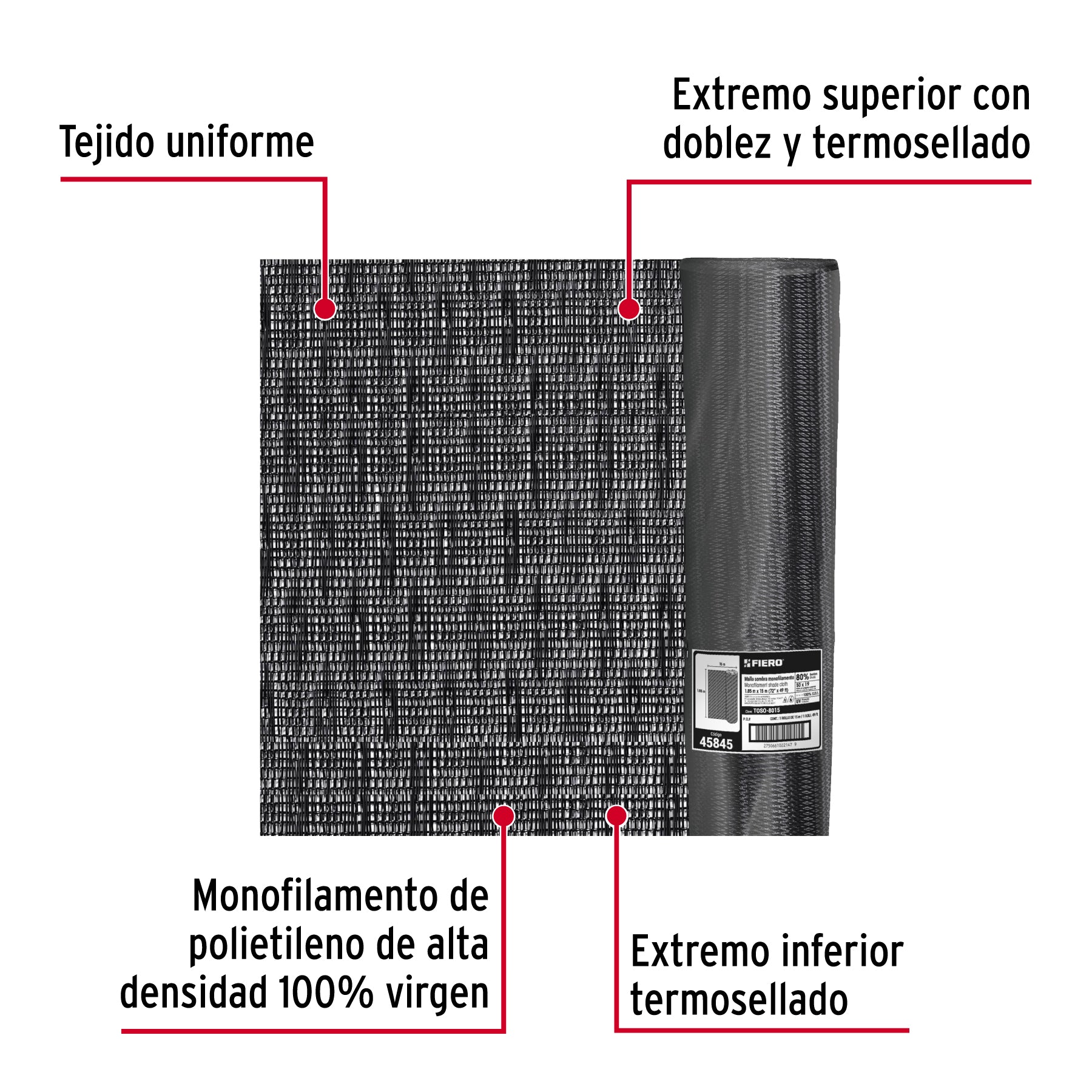 Rollo de malla sombra monofilamento 80%, 50m x 1.85m, negro