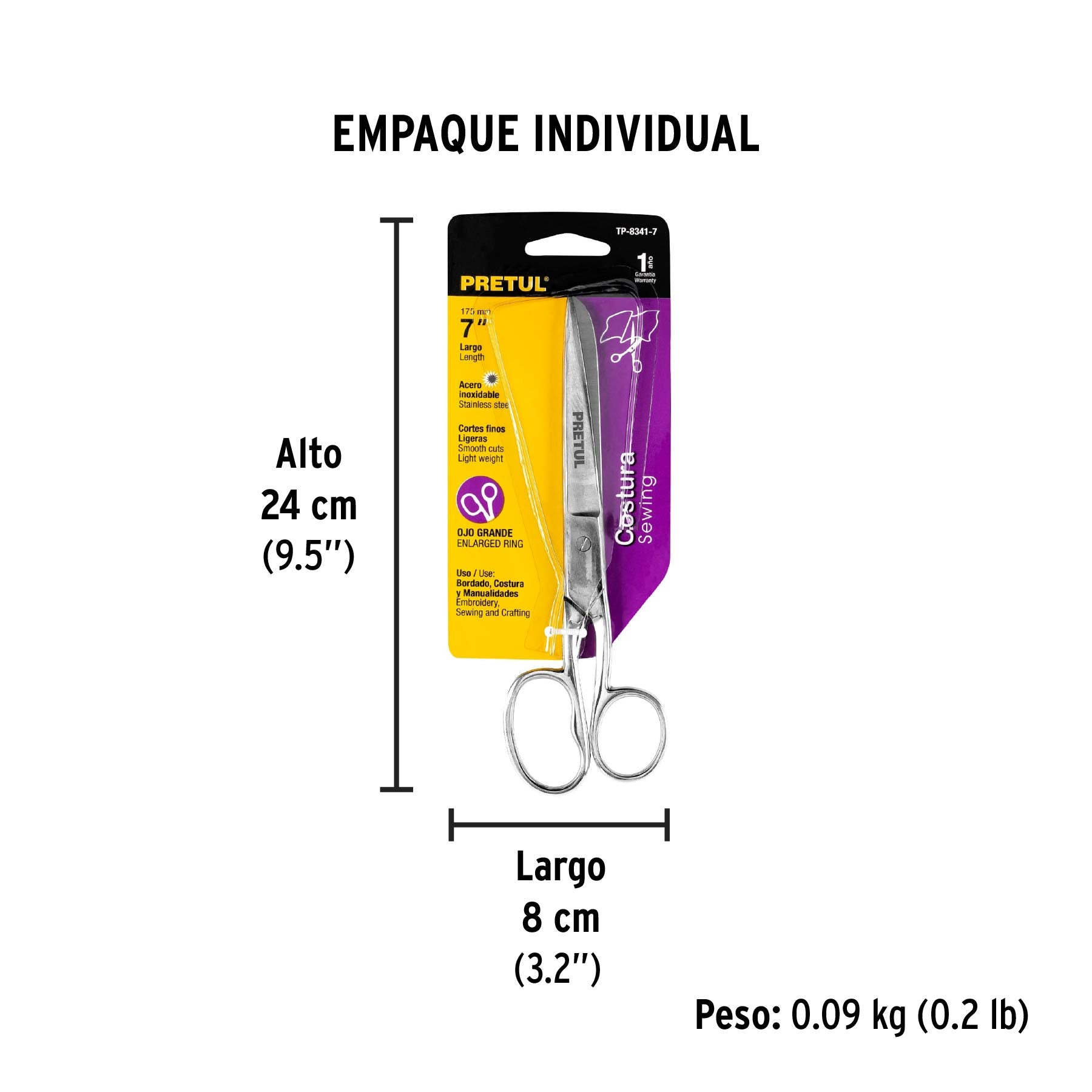 Tijera para costura, ojo grande, 7", pretul