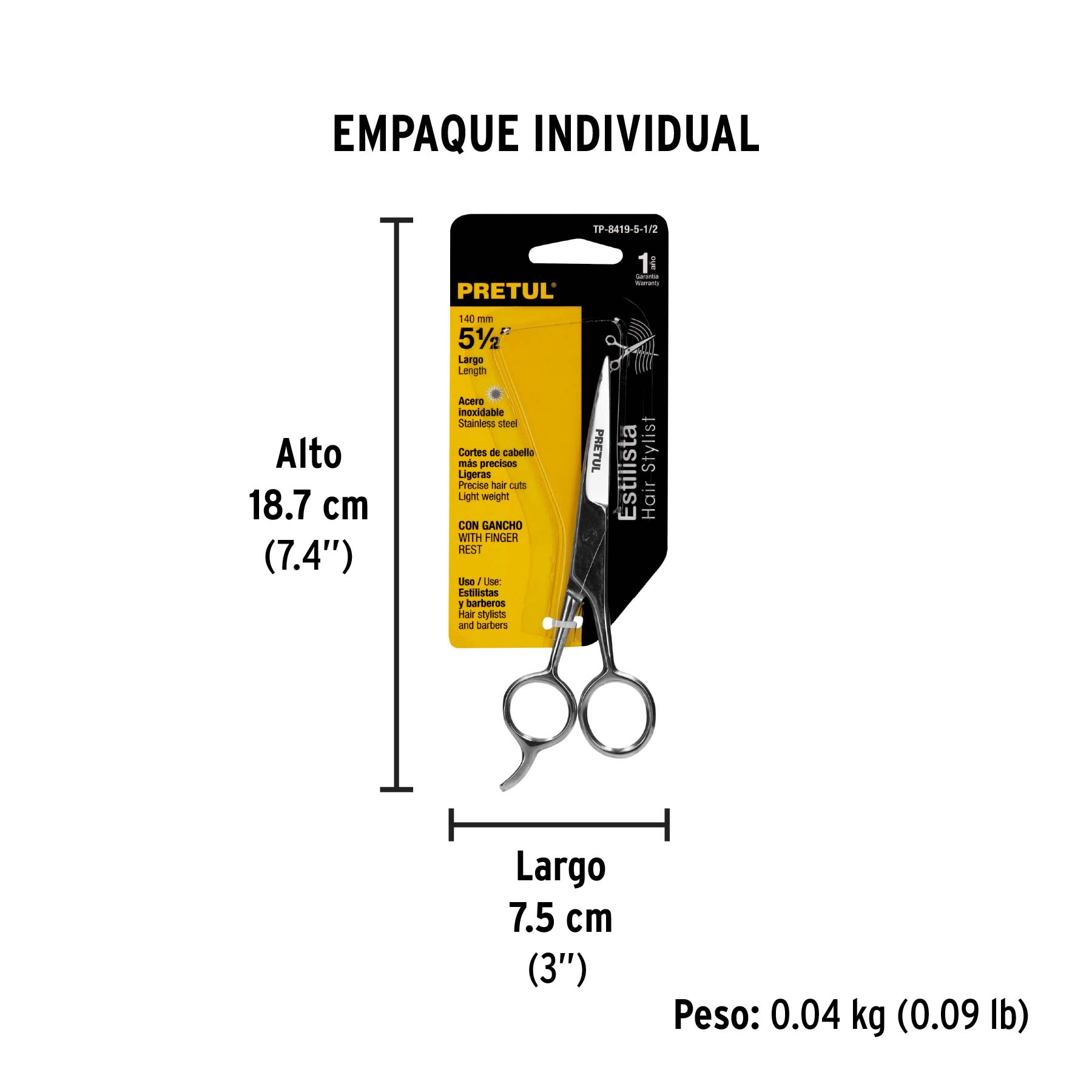 Tijera para estilista con gancho, 5-1/2", pretul
