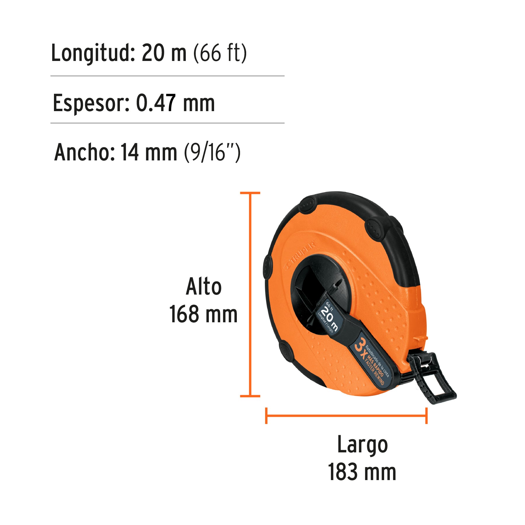 Cinta larga, carcasa plástica, 20 m, metálica