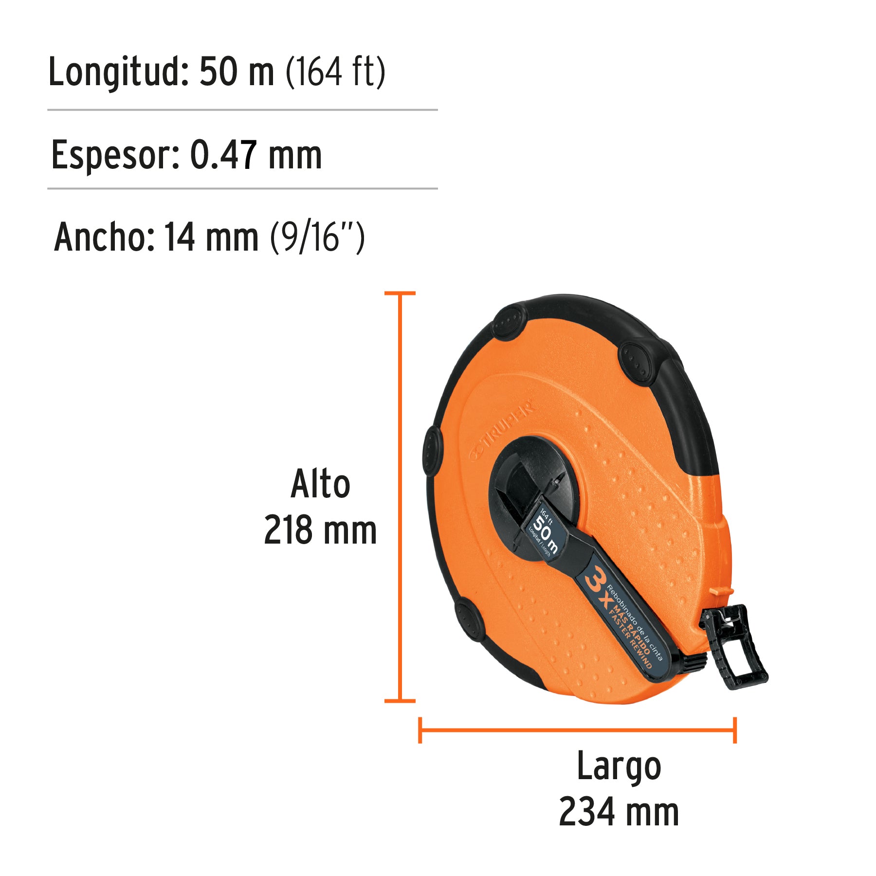 Cinta larga, carcasa plástica, 50 m, metálica