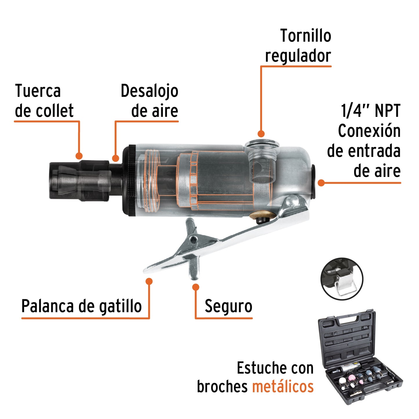 Miniesmeriladora neumática, 1/4", kit 16 piezas