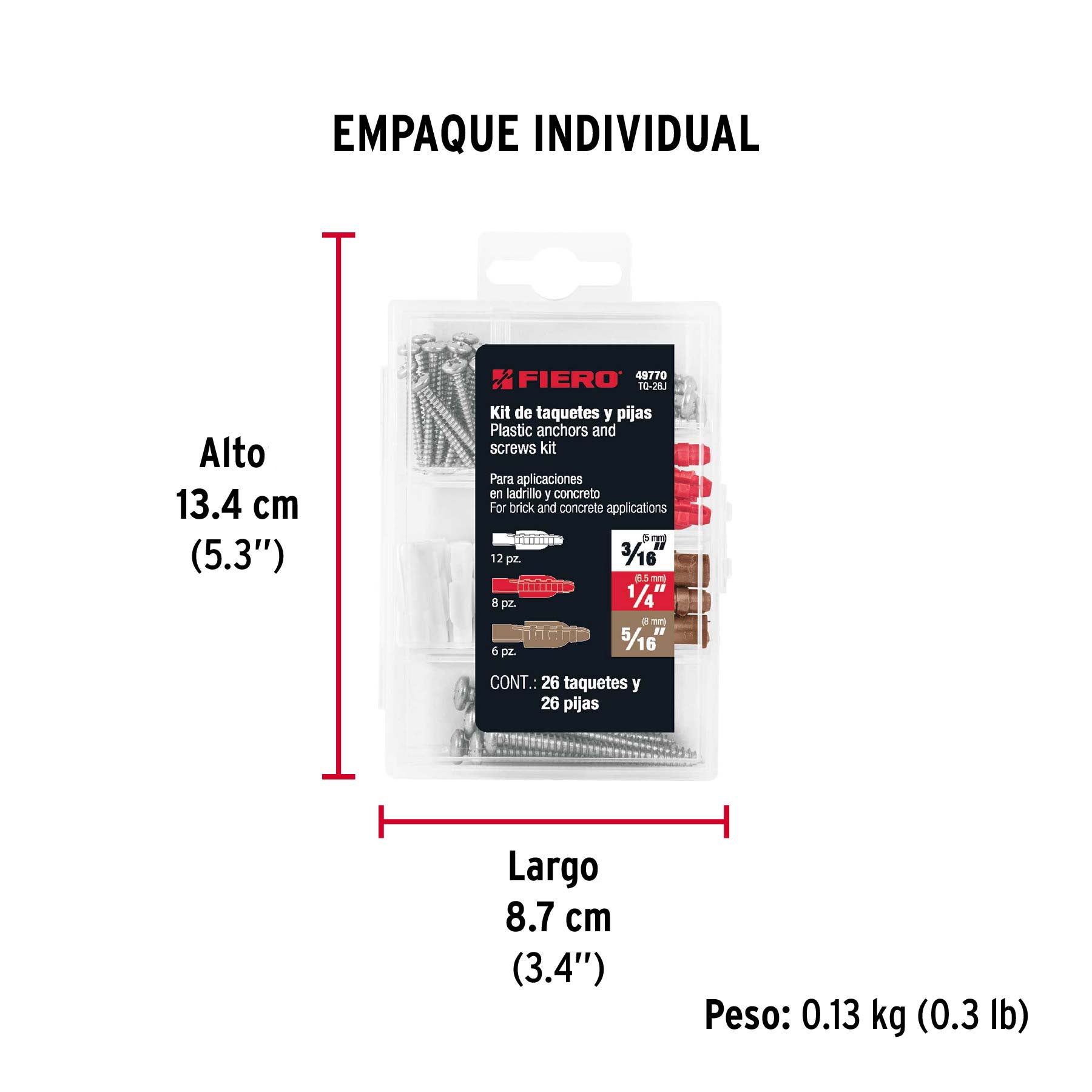 Estuche 26 taquetes 3/16', 1/4', 5/16', c/pijas #6, #8, #10