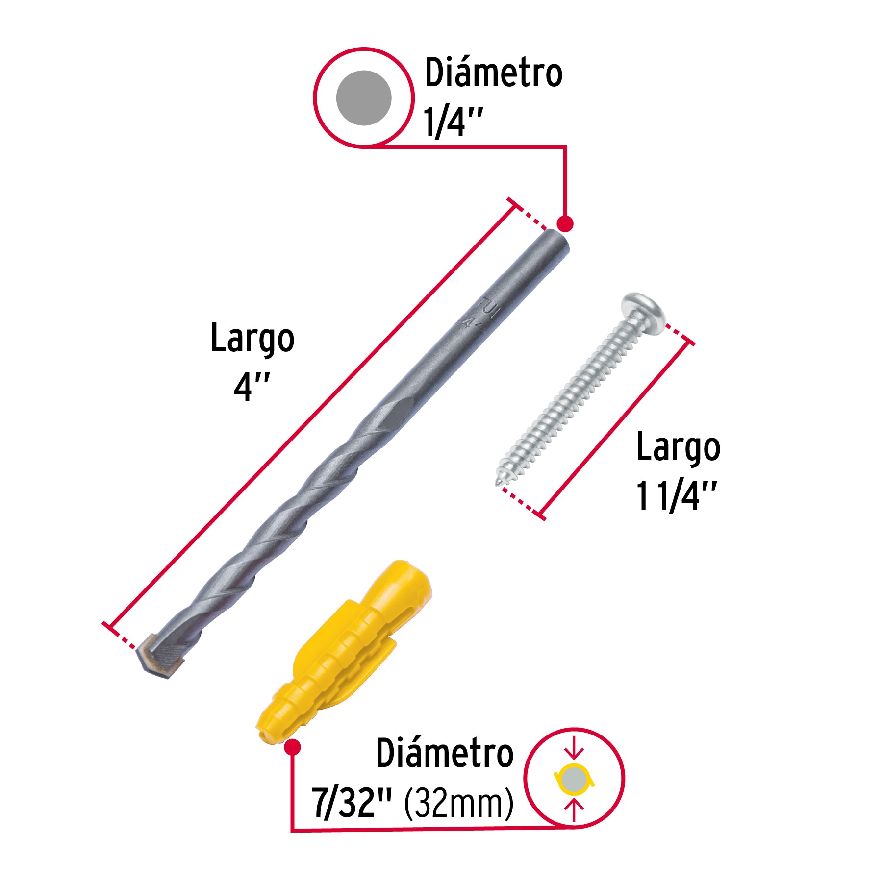 Kit de 20 taquetes 7/32' con pijas #8 y 1 broca 1/4', Fiero