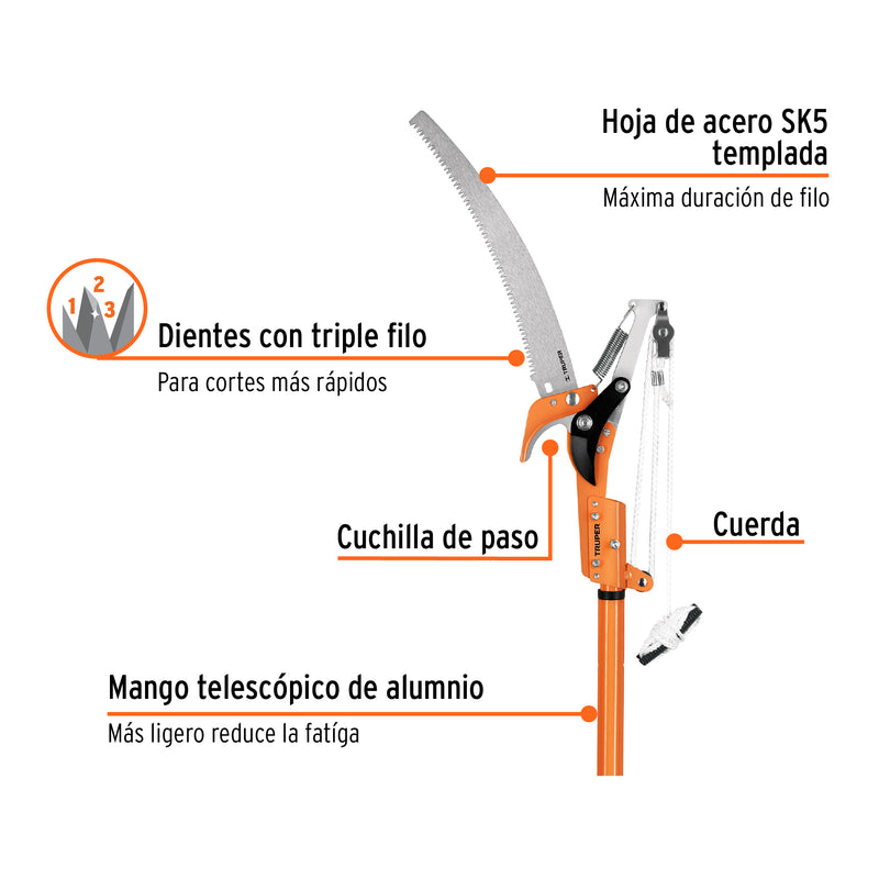 Cortador ramas altas, mango telescópico, aluminio, 2.40 m