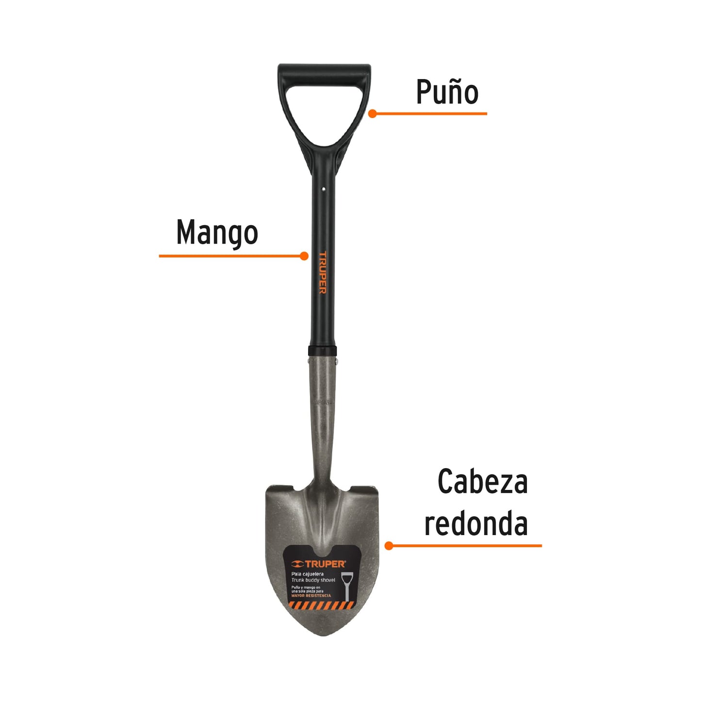 Pala cajuelera redonda, puño "d", mango fibra de vidrio