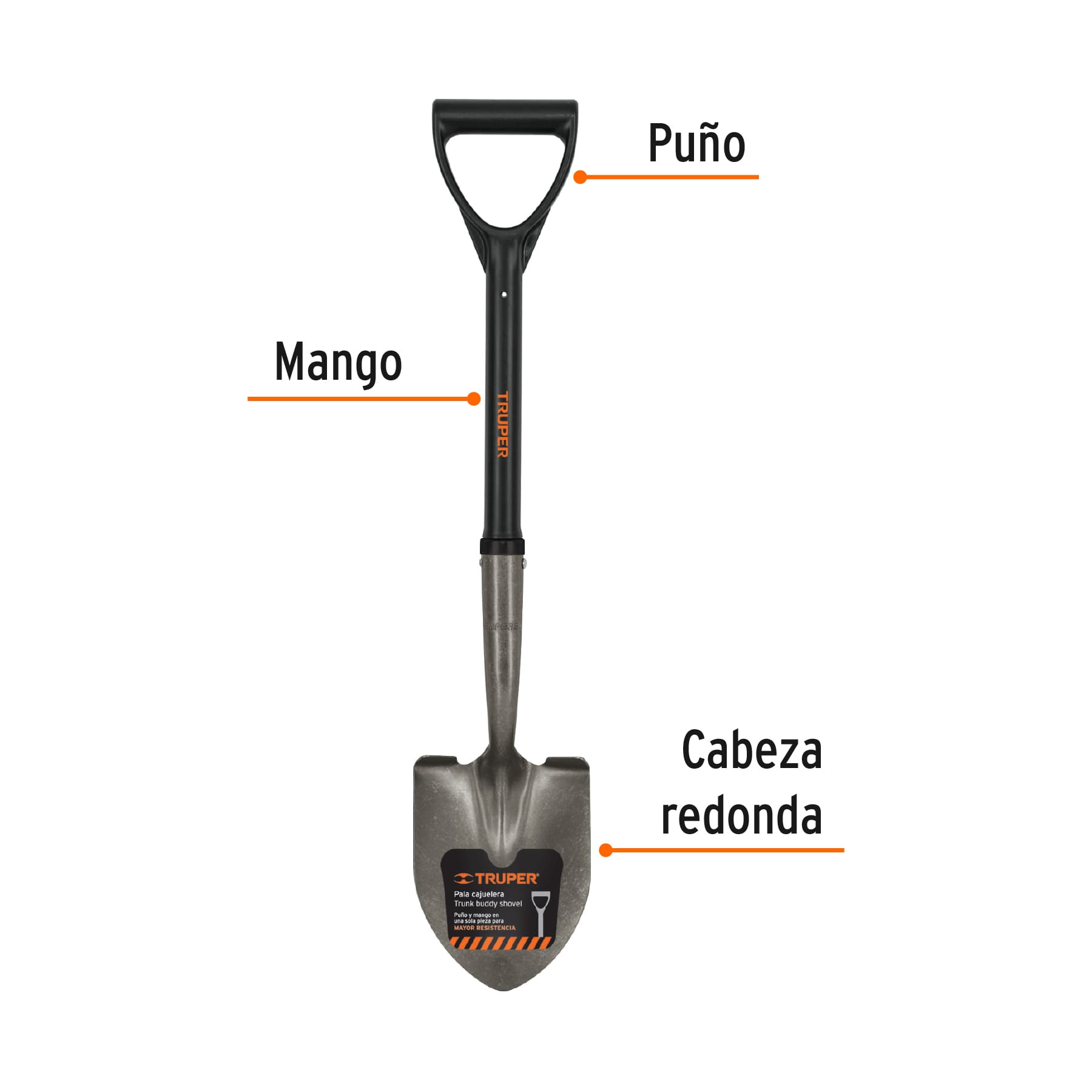 Pala cajuelera redonda, puño "d", mango fibra de vidrio