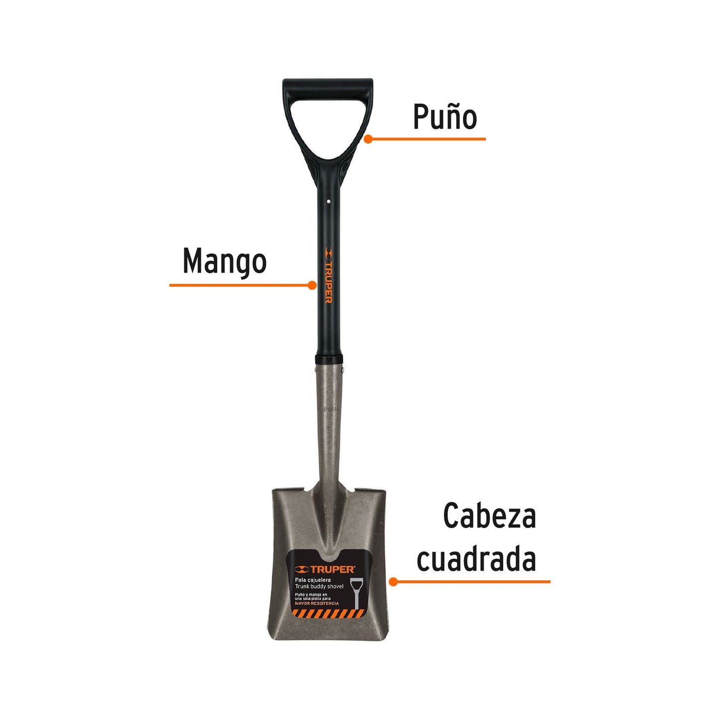 Pala cajuelera cuadrada, puño "d", mango fibra de vidrio