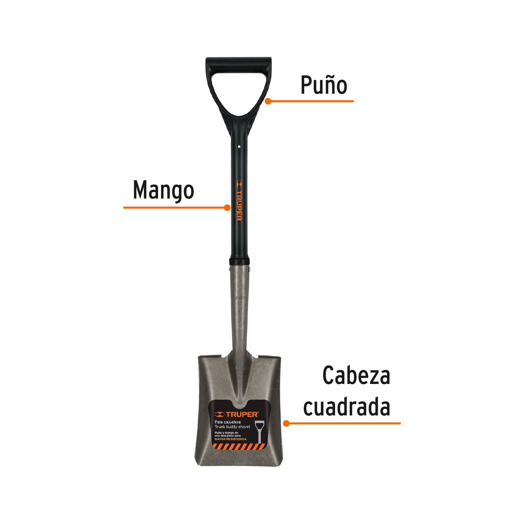 Pala cajuelera cuadrada, puño "d", mango fibra de vidrio