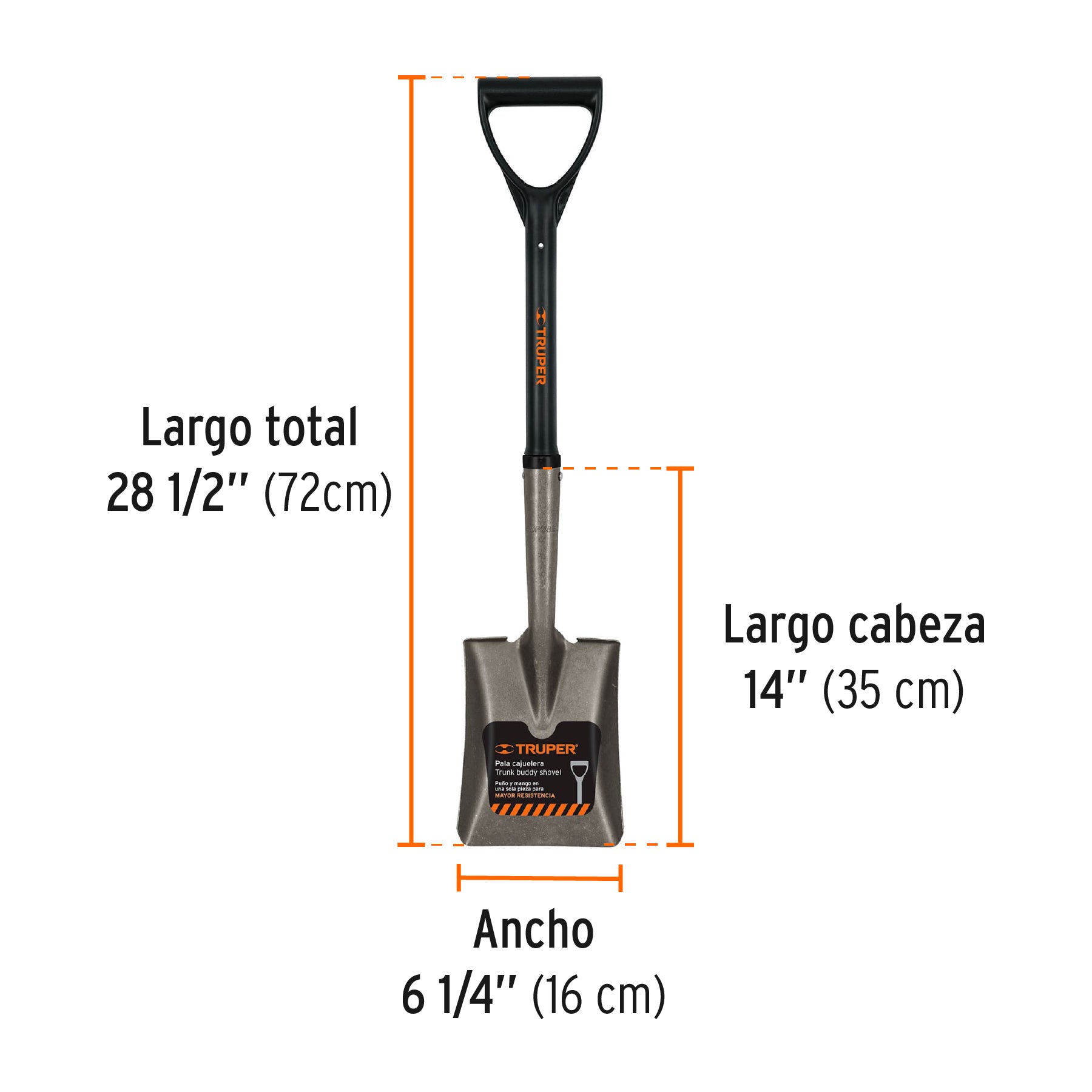 Pala cajuelera cuadrada, puño "d", mango fibra de vidrio