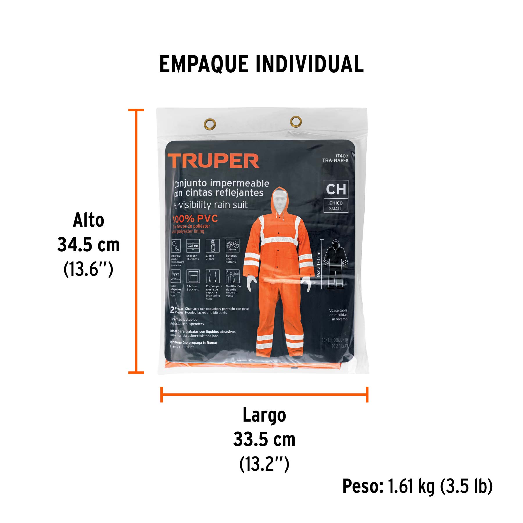 Conjunto impermeable c/reflejante, naranja, talla chica, PVC