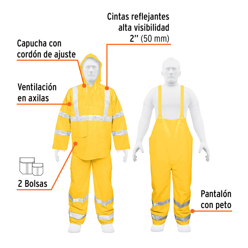 Conjunto impermeable c/reflejante, amarillo, talla G, PVC
