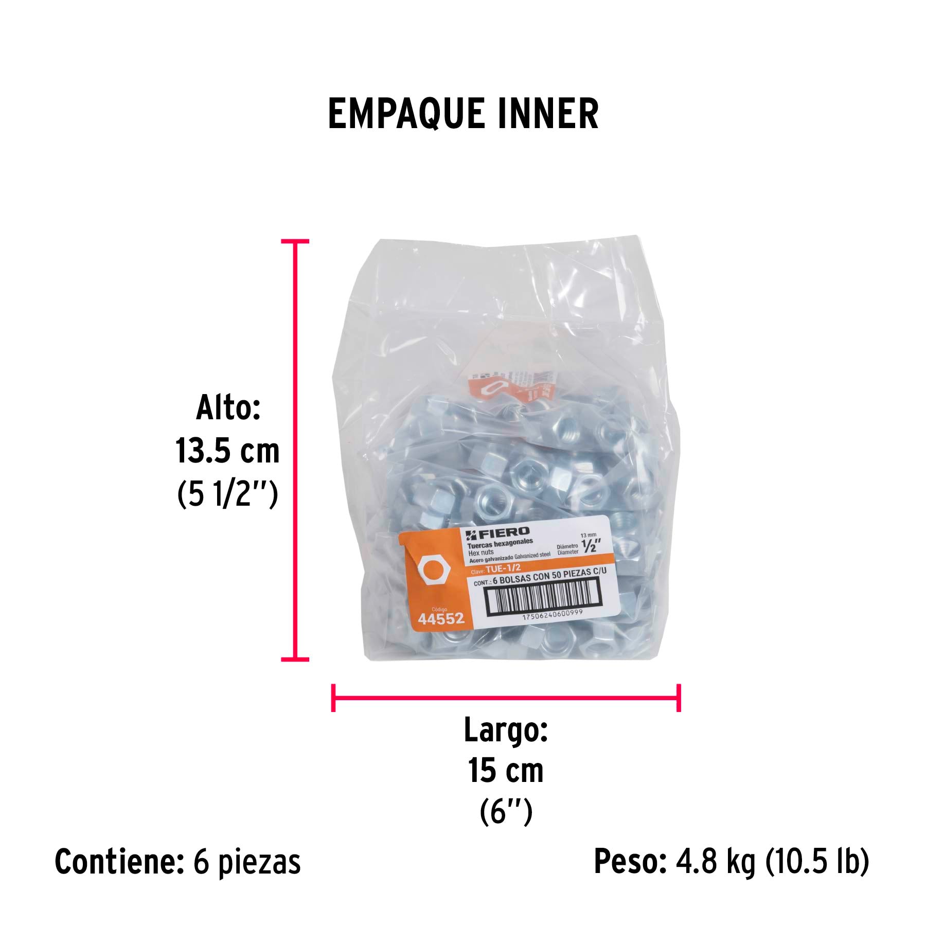 Tuerca de acero galvanizado hexagonal de 1/2", 50 pzas