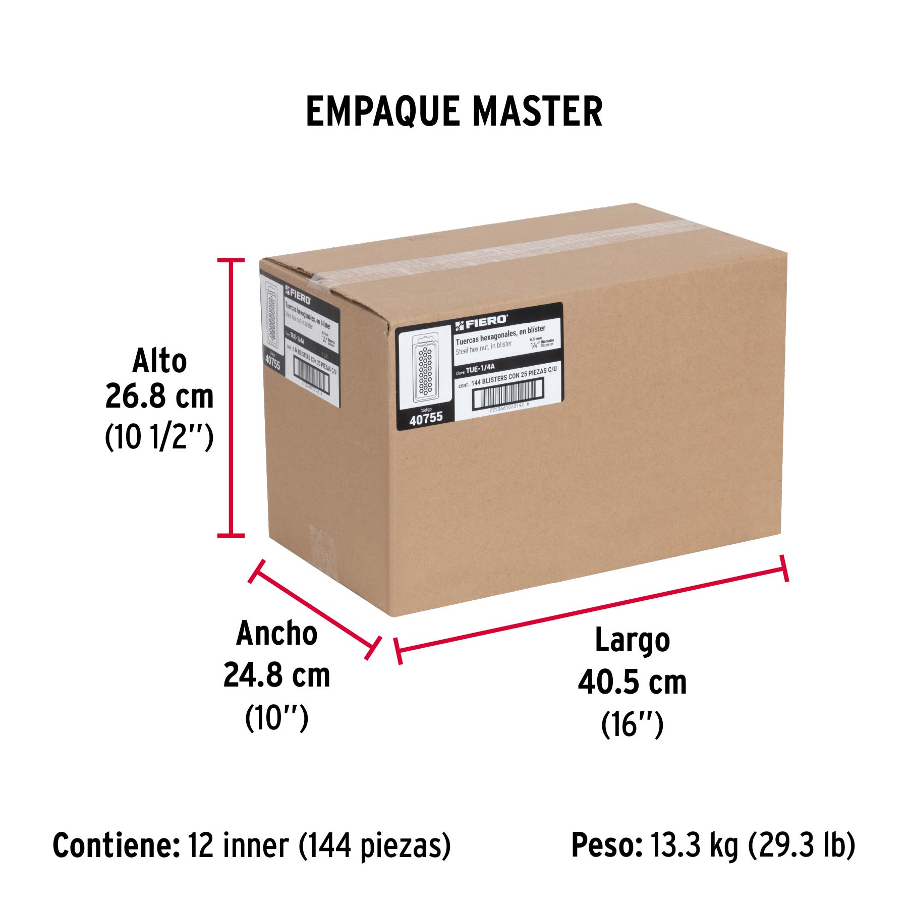 Blíster con 25 tuercas 1/4' hex de acero galvanizado, Fiero