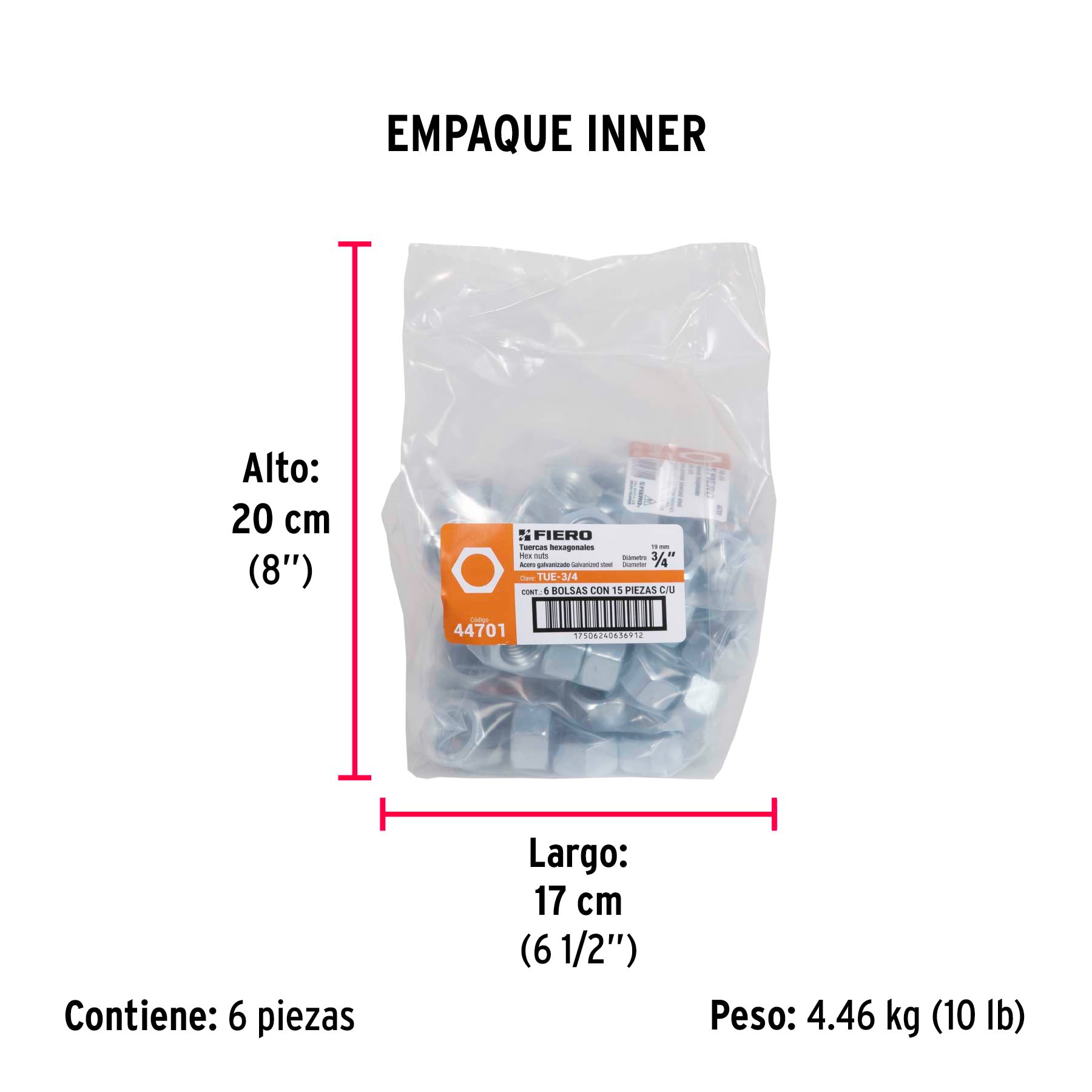 Tuerca de acero galvanizado hexagonal de 3/4", 15 pzas