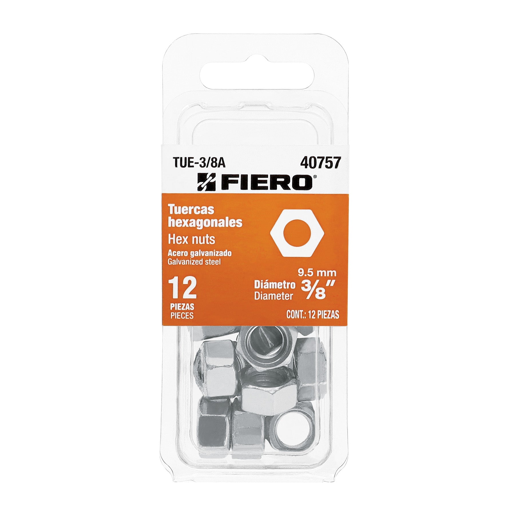 Blíster con 12 tuercas 3/8' hex de acero galvanizado, Fiero