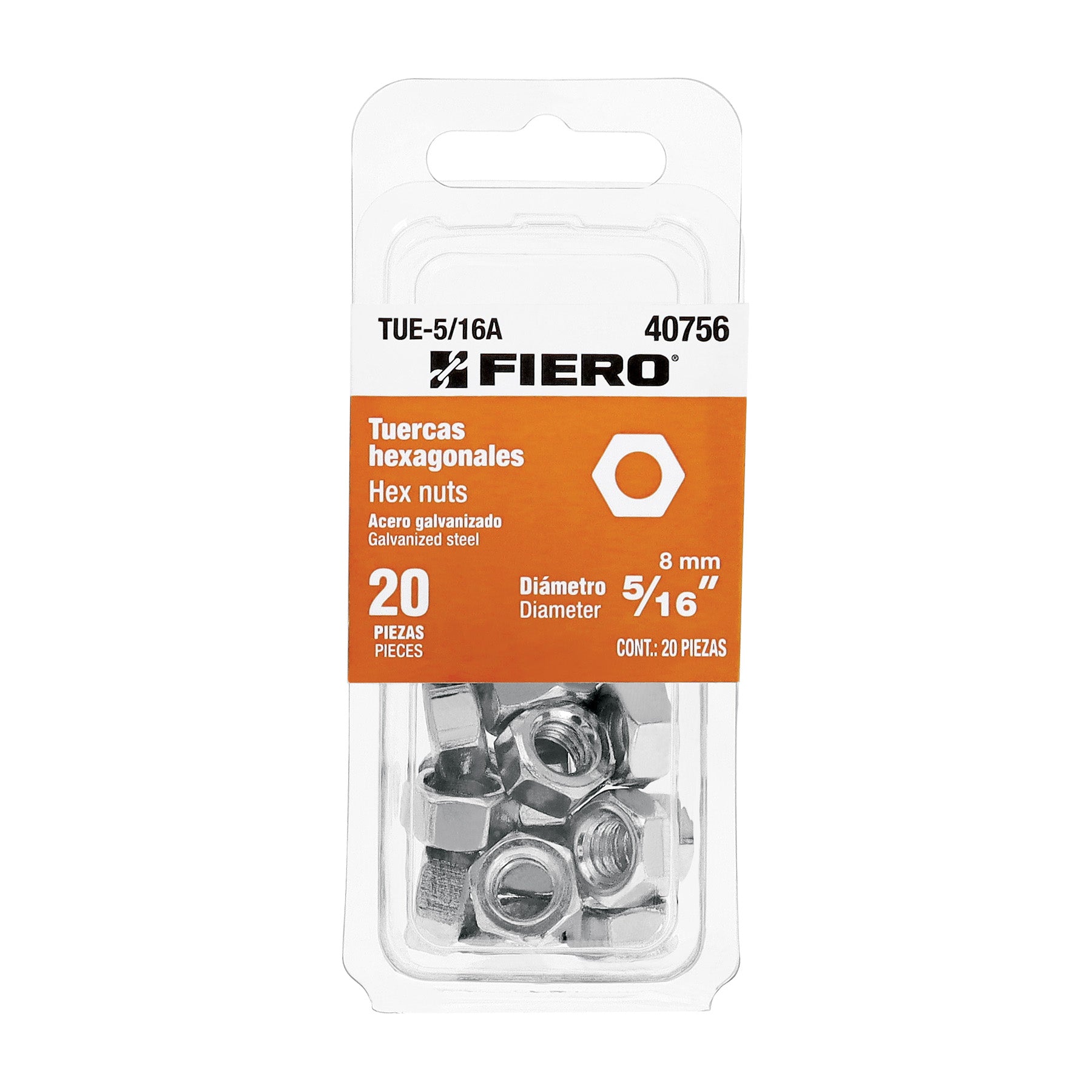 Blíster con 20 tuercas 5/16' hex de acero galvanizado, Fiero