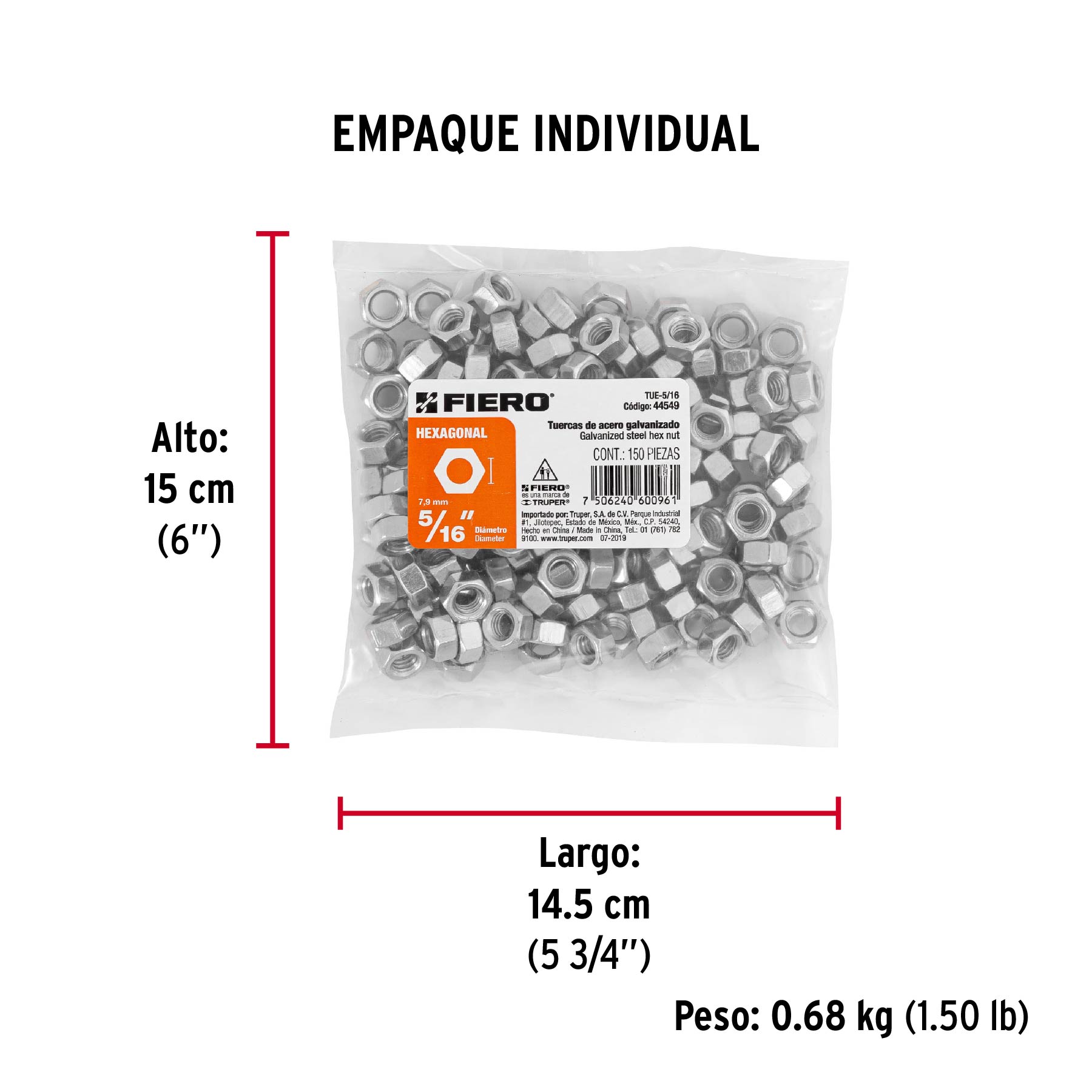 Tuerca de acero galvanizado hexagonal de 5/16", 150 pzas