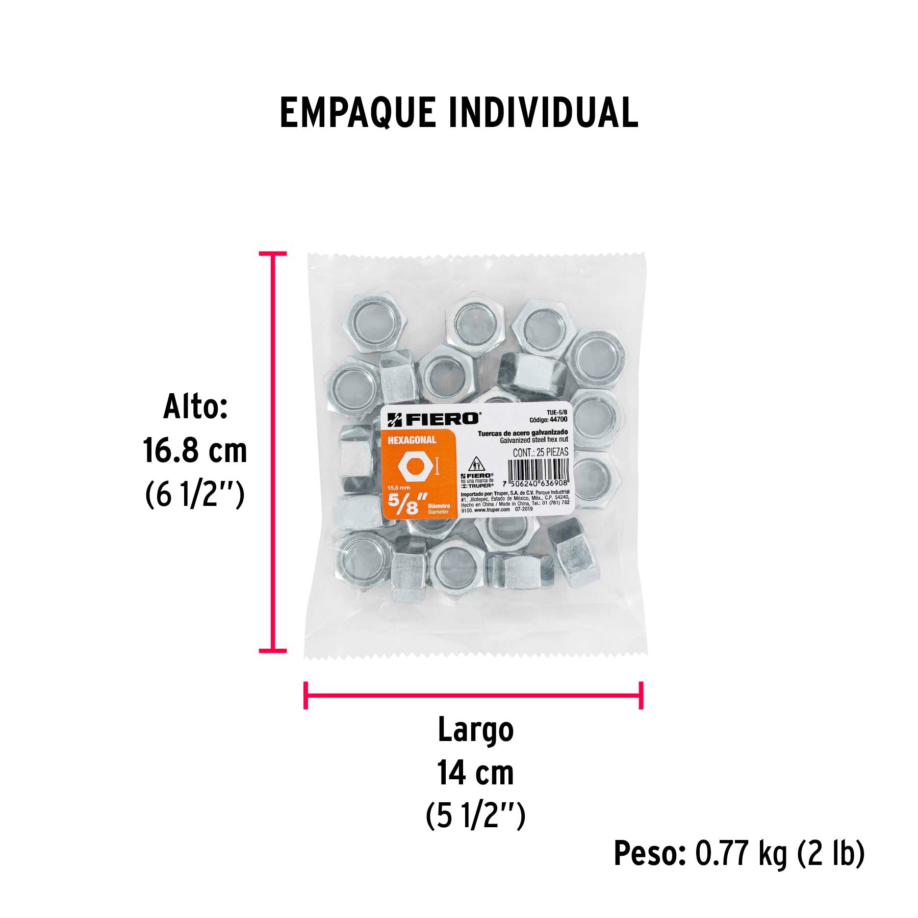 Tuerca de acero galvanizado hexagonal de 5/8", 25 pzas