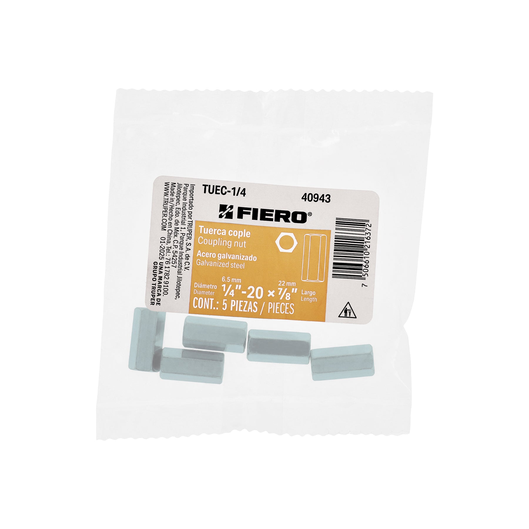 Bolsa con 5 tuercas cople, 1/4' acero galvanizado , FIERO