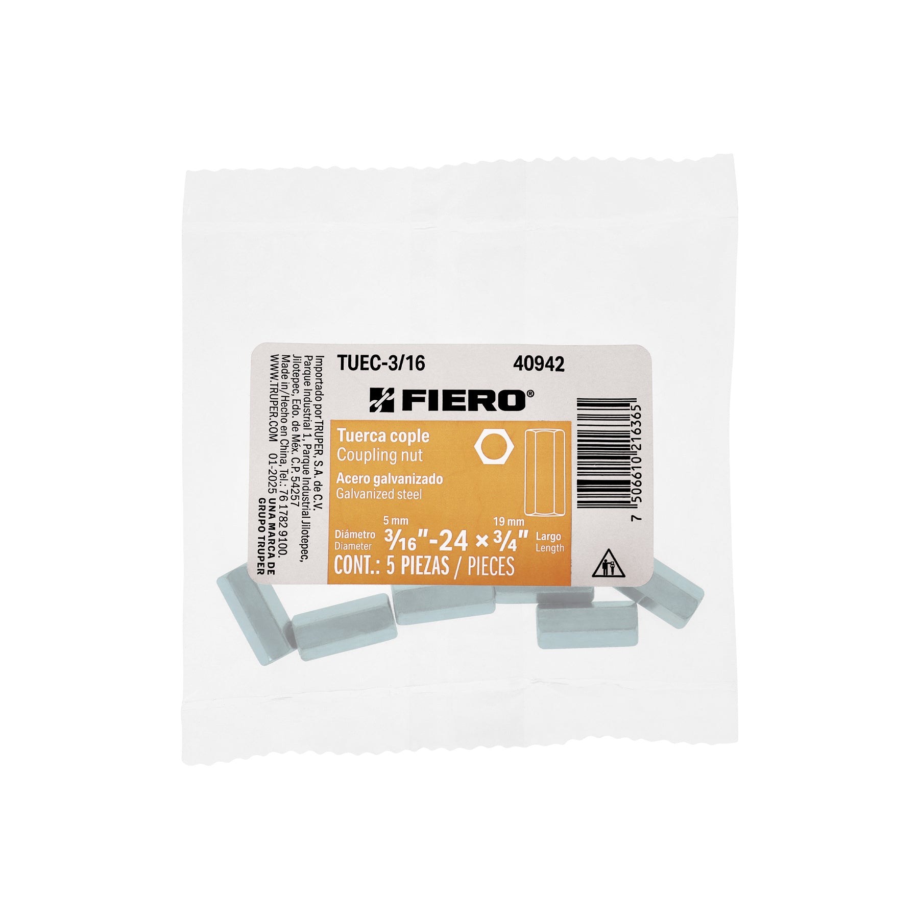 Bolsa con 5 tuercas cople, 3/16' acero galvanizado , FIERO