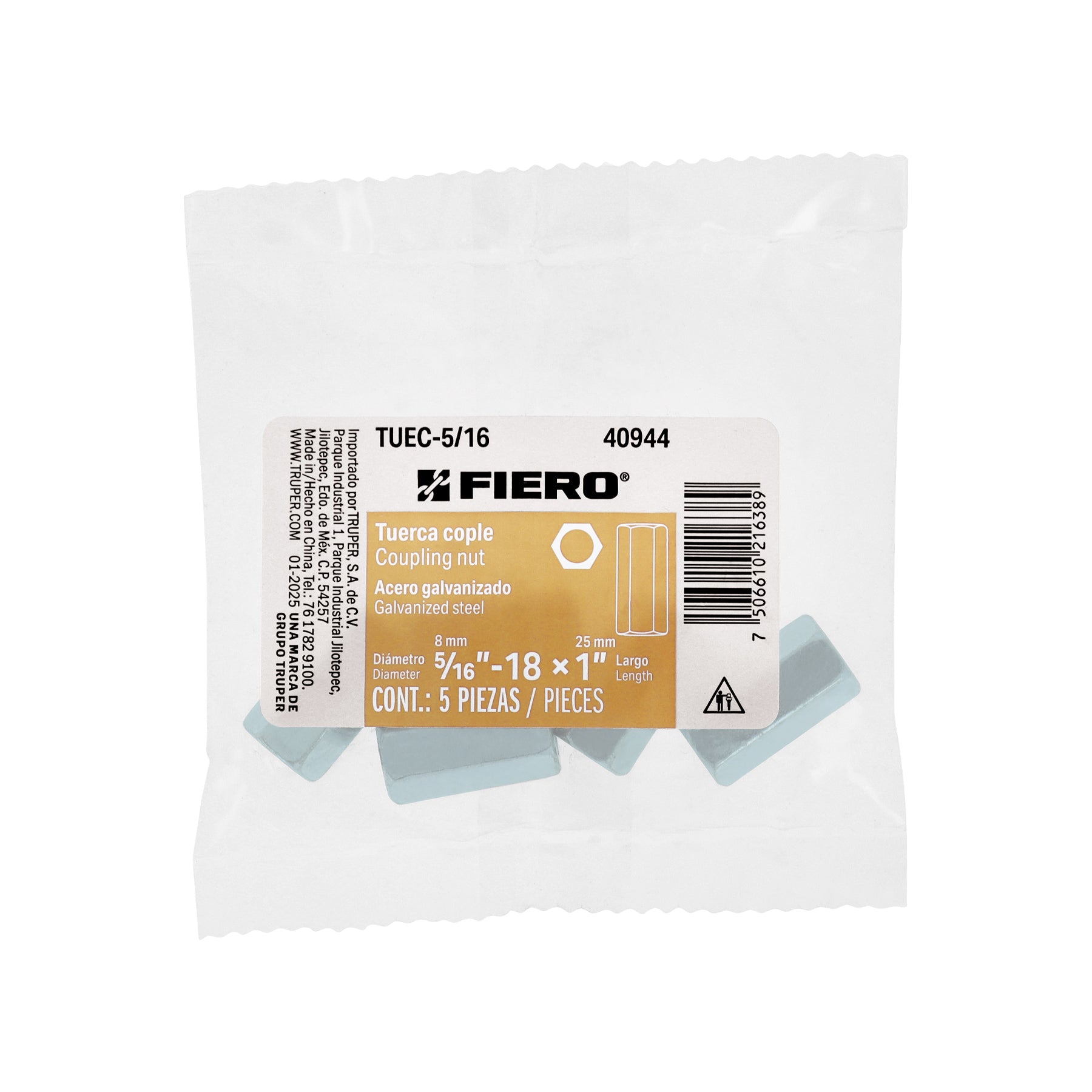 Bolsa con 5 tuercas cople, 5/16' acero galvanizado , FIERO