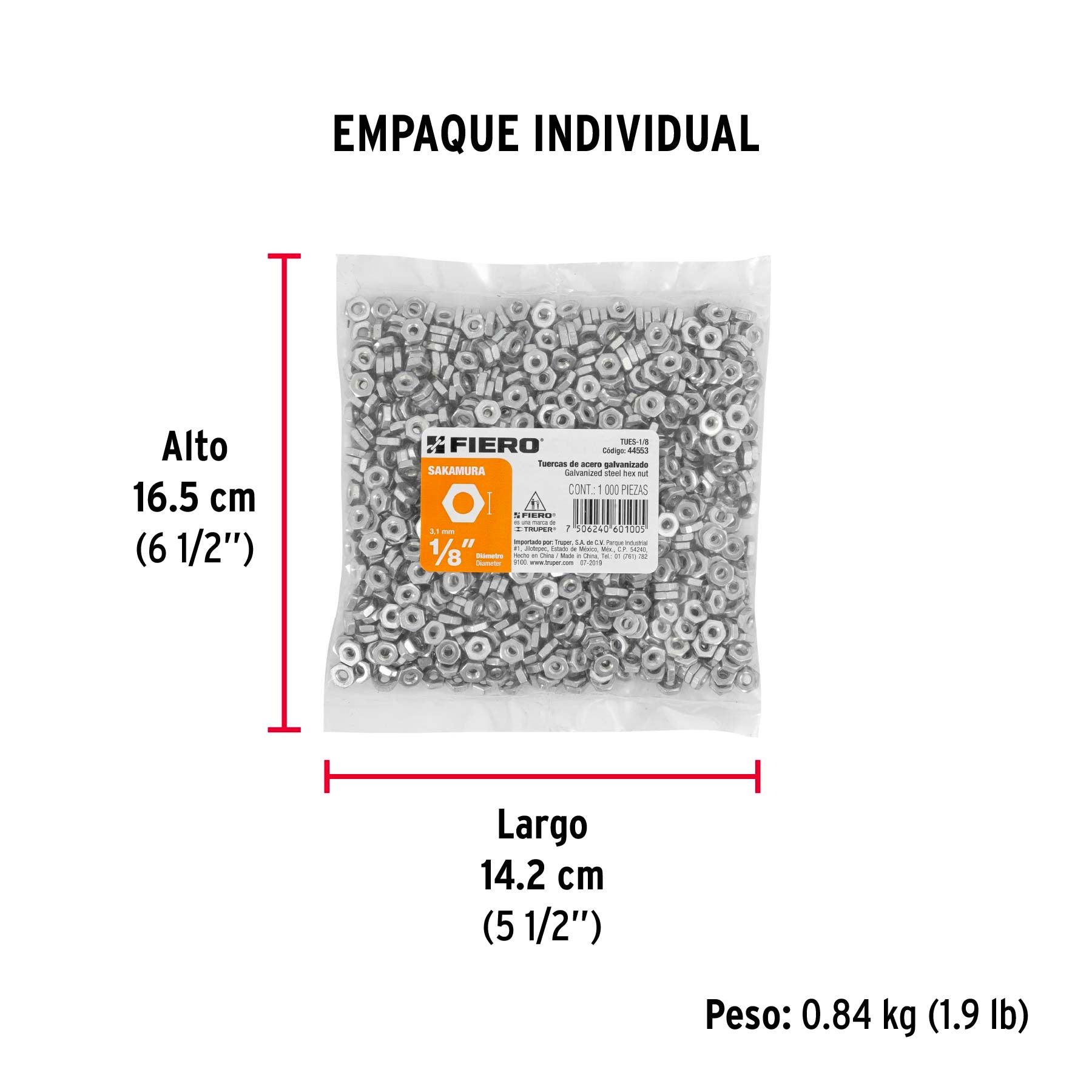 Tuerca de acero hexagonal de 1/8" tipo sakamura, 1,000 pzas