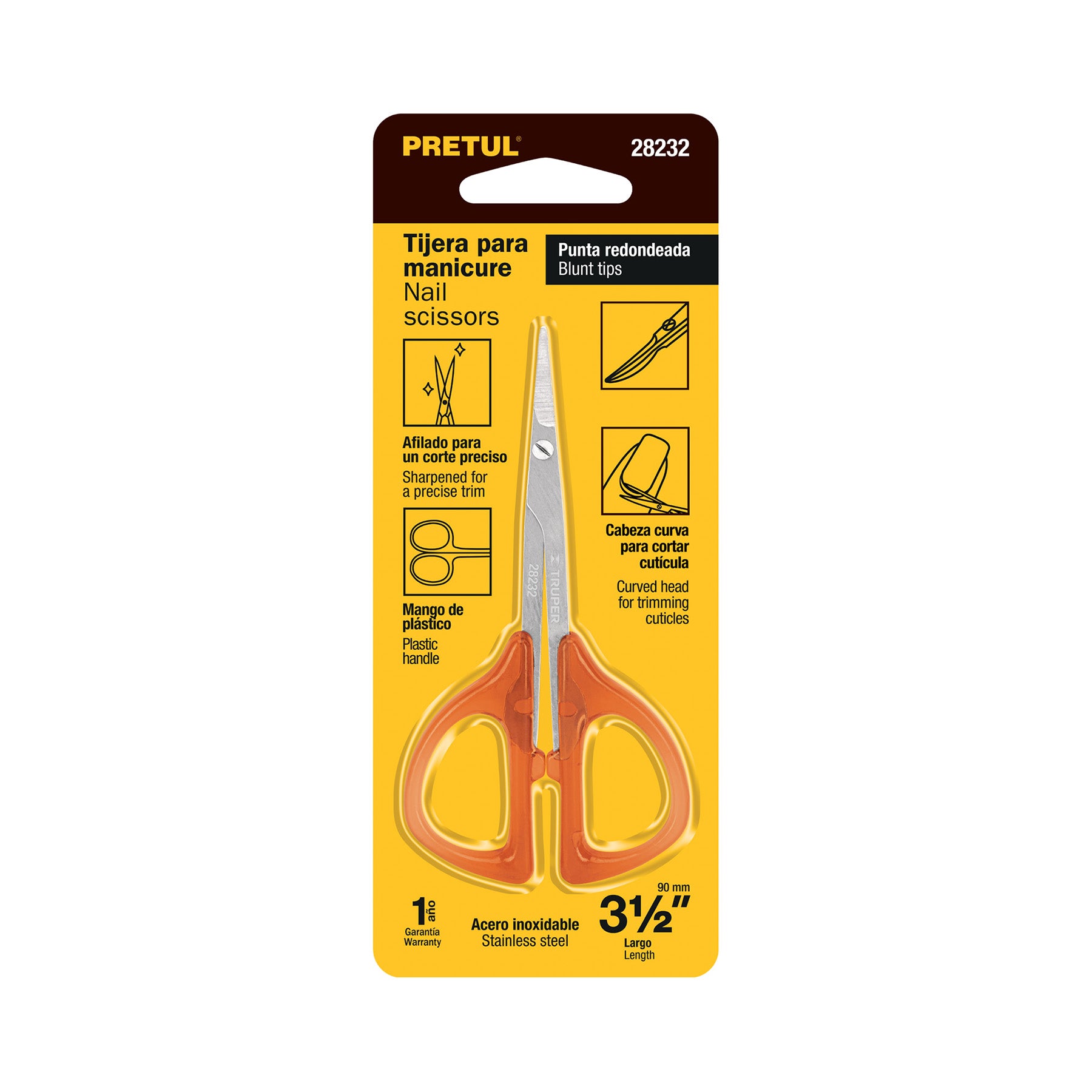 Tijera para manicure 3-3/4', mango plastico, Pretul