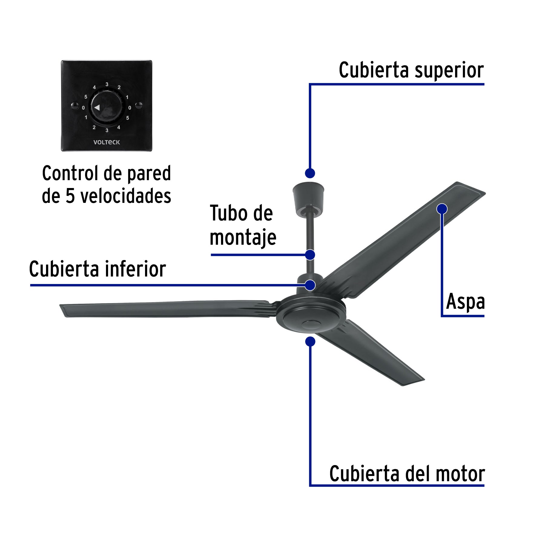 Ventilador de techo para interior 56', negro, VOLTECK