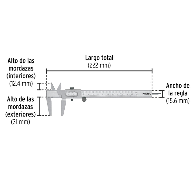 Calibrador vernier escolar 6", acero, std y mm, PRETUL
