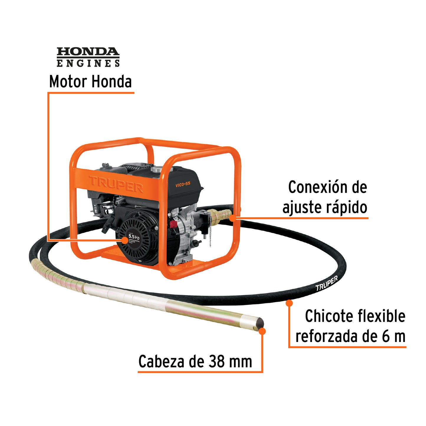 Vibrador para concreto con motor a gasolina, 5.5 HP, Truper