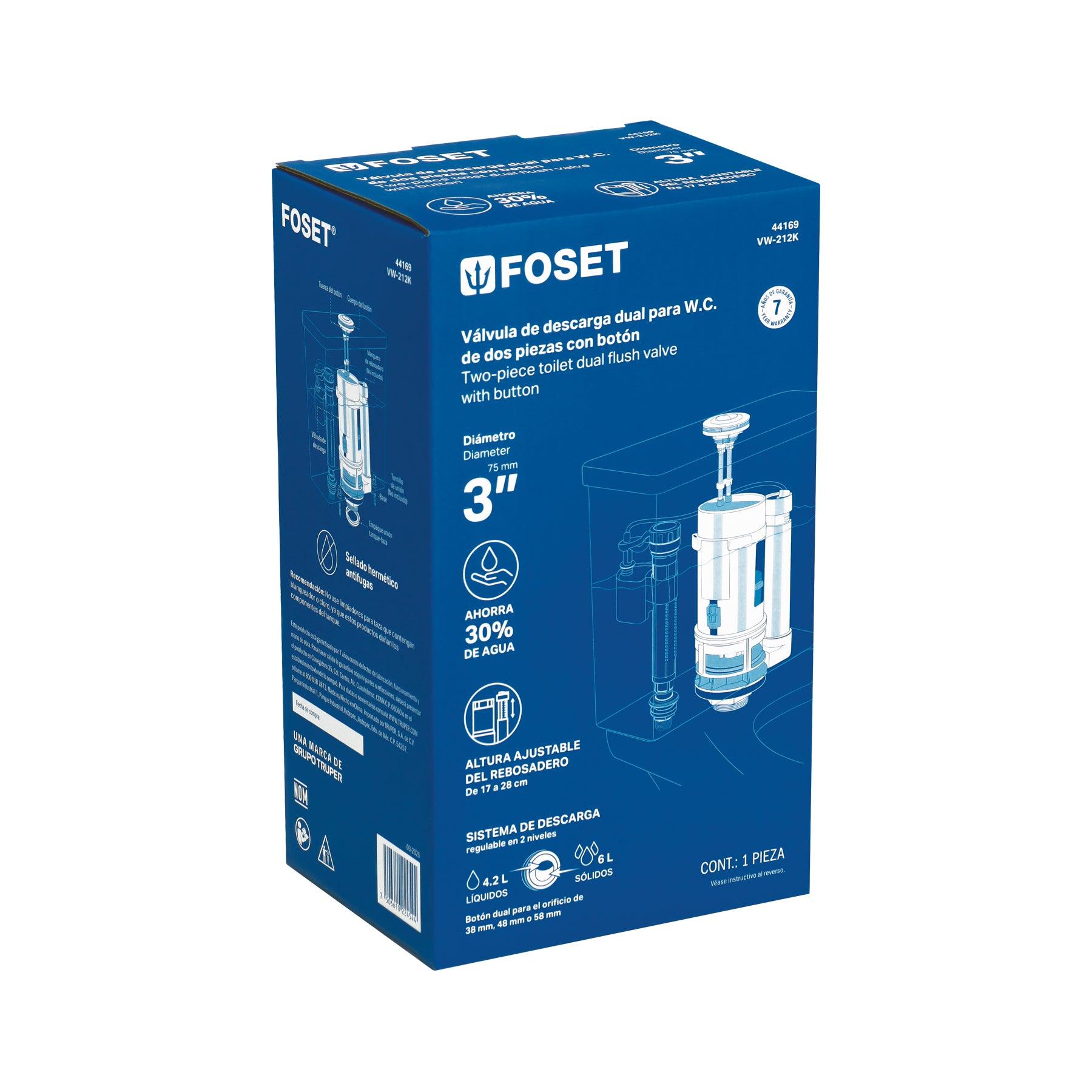 Válvula de descarga dual p/WC de 2 pcs, 3' c/empaque y botón