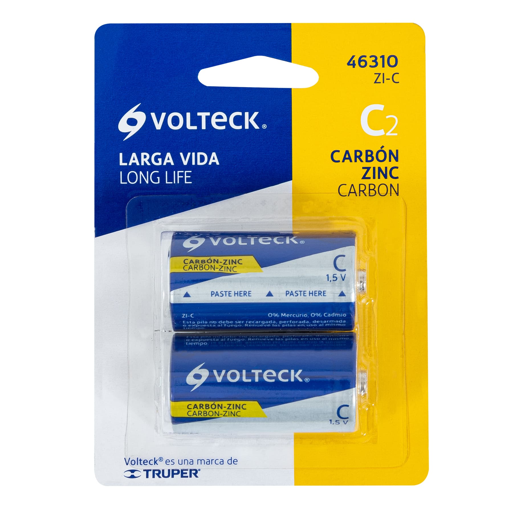 Pila zinc-carbón tamaño C, blister con 2 pzas, volteck
