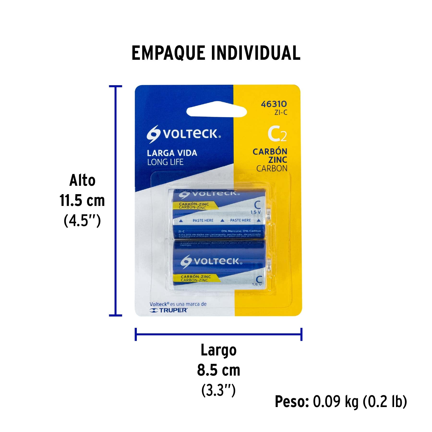 Pila zinc-carbón tamaño C, blister con 2 pzas, volteck