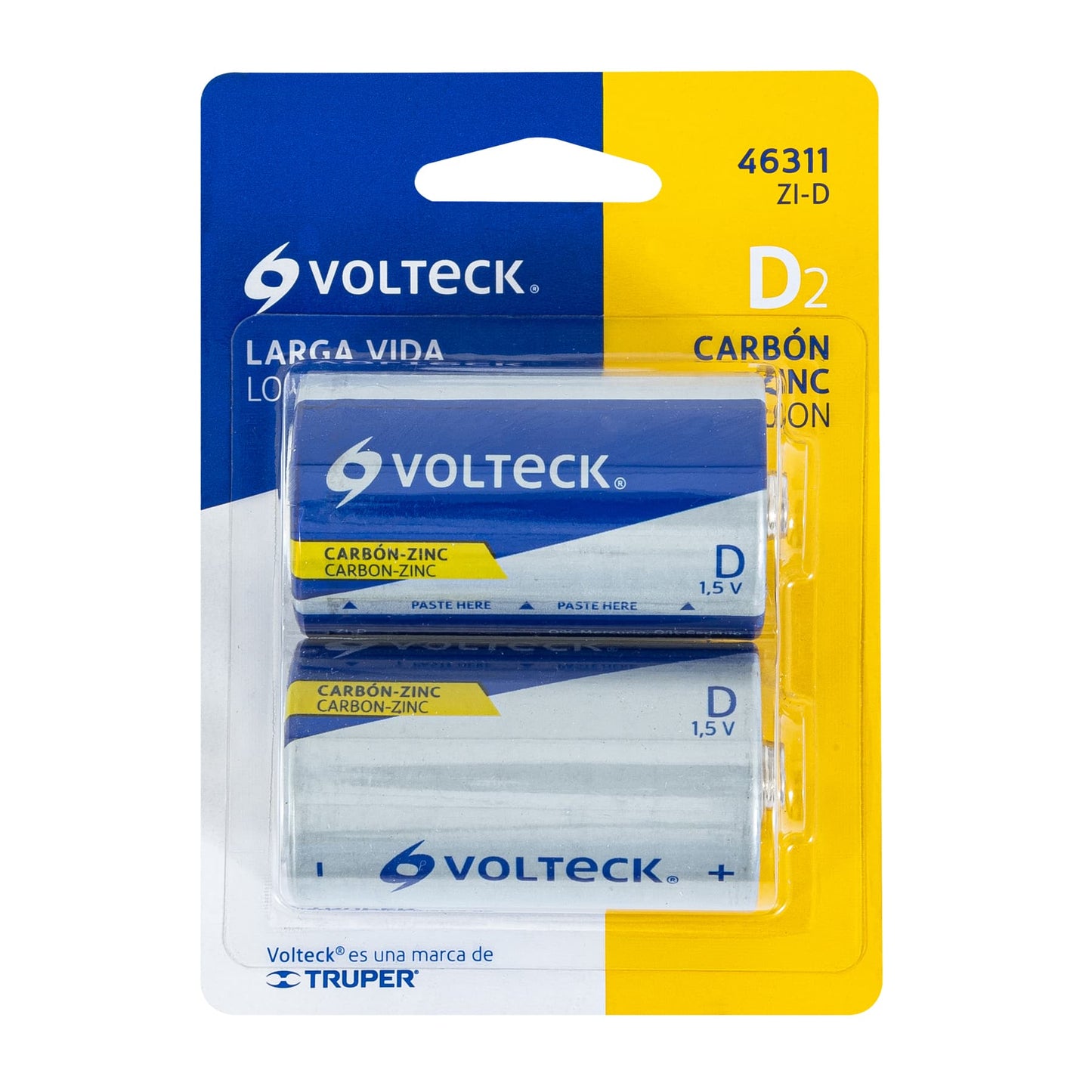 Pila zinc-carbón tamaño D, blister con 2 pzas, volteck