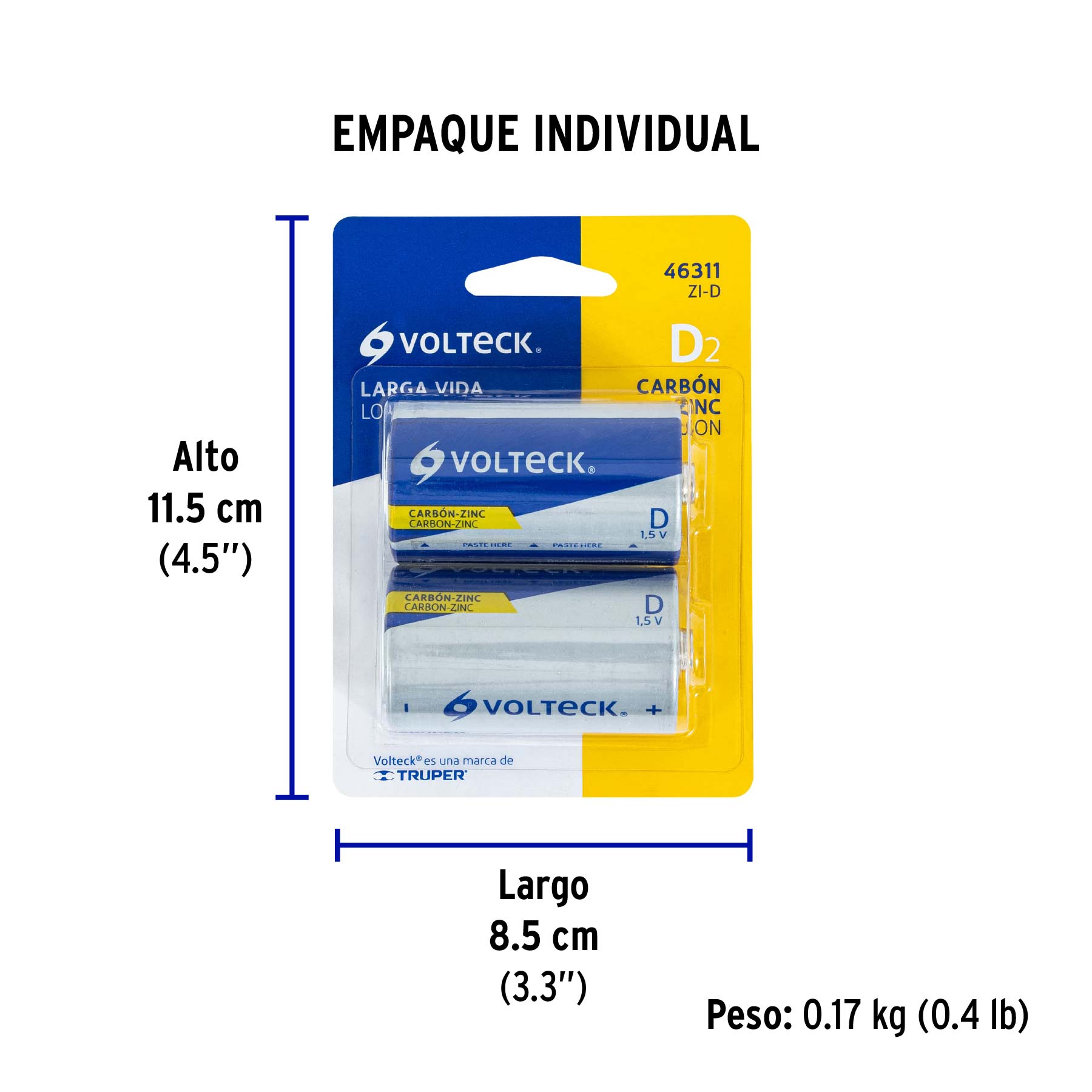 Pila zinc-carbón tamaño D, blister con 2 pzas, volteck